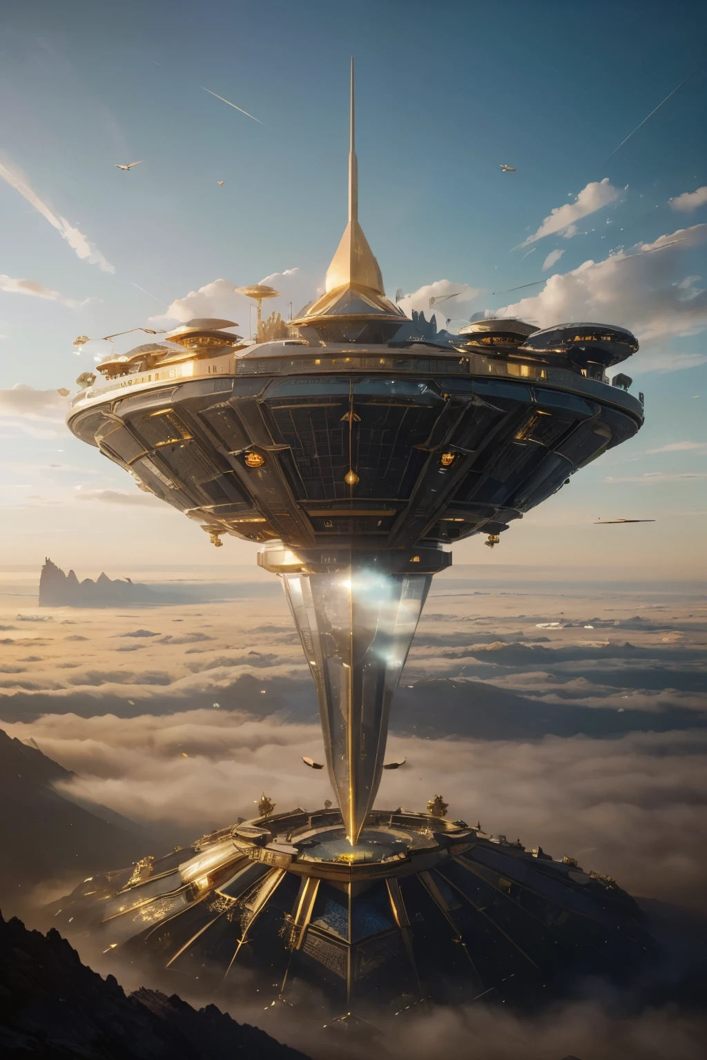 Fantasy, ((In the style of Greg Rutkowski)), Heavenly Angels, ((New Heaven, New Earth)), ((Futuristic architecture)): Celestial Mansions of Gold and Crystal rising above vibrant forests, inhabited by magical creatures and luminous energy. The crystal rooftops reflecting the golden sunrays, casting a spectacle of light across the landscape.
Fantasy: ((Greg Rutkowski style)), ((Clouds in the skies)), ((Futuristic architecture)), Glory of God, Power and Honor, (Army of Angels), (Retrofuturism), (cottagecore), ( all of pure gold), ((Inspired by H.R. Giger)), (mist close to the ground, rolling in the distance), ((glorious splendor rolling)), Celestial City of Gold and Resplendent Crystal
Fantasy: ((Greg Rutkowski style)), ((Clouds in the skies)), ((Futuristic architecture)), Glory of God, Power and Honor, (Army of Angels), (Retrofuturism), (cottagecore), ( all of pure gold), ((Inspired by H.R. Giger)), (mist close to the ground, rolling in the distance), ((equal height, length, and width)), ((rolling glorious splendor)), Celestial City of Gold and resplendent crystal
/imagine prompt: A gigantic city, (Spaceship), (Cube shape), ((gold and crystal)), (Futuristic Architecture,Middle Eastern), ((Hanging Gardens)), damask pattern, gold, jade, jasper, quartz, rose gold, sapphire, akos major, aerial photography, full body shot, fantastic realism, angelcore, hyper realism, dreamy glow, floodlight
/imagine prompt: A gigantic city, (Spaceship), (Cube shape), ((gold and crystal)), (Futuristic, Middle Eastern architecture), (Hanging Gardens), (Very Tall Towers), damask pattern, gold, jasper, sapphire, quartz, rose gold, akos major, aerial photography, full body shot, fantastic realism, golden hour
Fantasy: ((Greg Rutkowski style)), ((Clouds in the skies)), ((Futuristic architecture)), (Inspired by Middle Eastern architecture),  Glory of God, Power and Honor, (Army of Angels), (Retrofuturism), (cottagecore), ( all of pure gold), ((Inspired by H.R. Giger)), (mist close to the gro