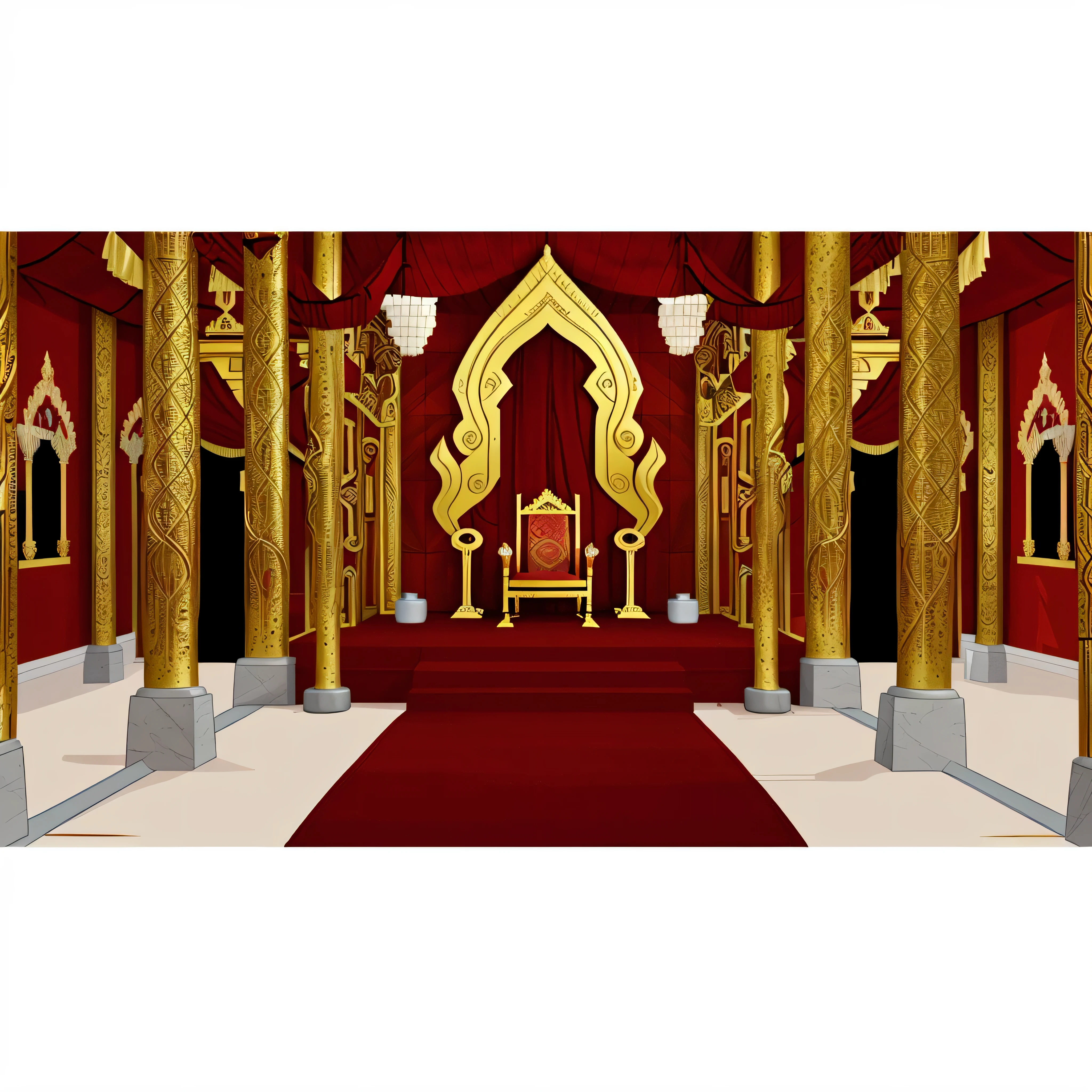 2D cartoon of a there is a red carpet in a room with gold columns, throne room, exquisitely designed throne room, decadent throne room, rustic throne room, in a throne room, temple background, background depicting a temple, seated in royal ease, royal interior, golden throne, gold throne, ancient interior tent background, palace background, thai temple, raytraced 2d cartoon set design