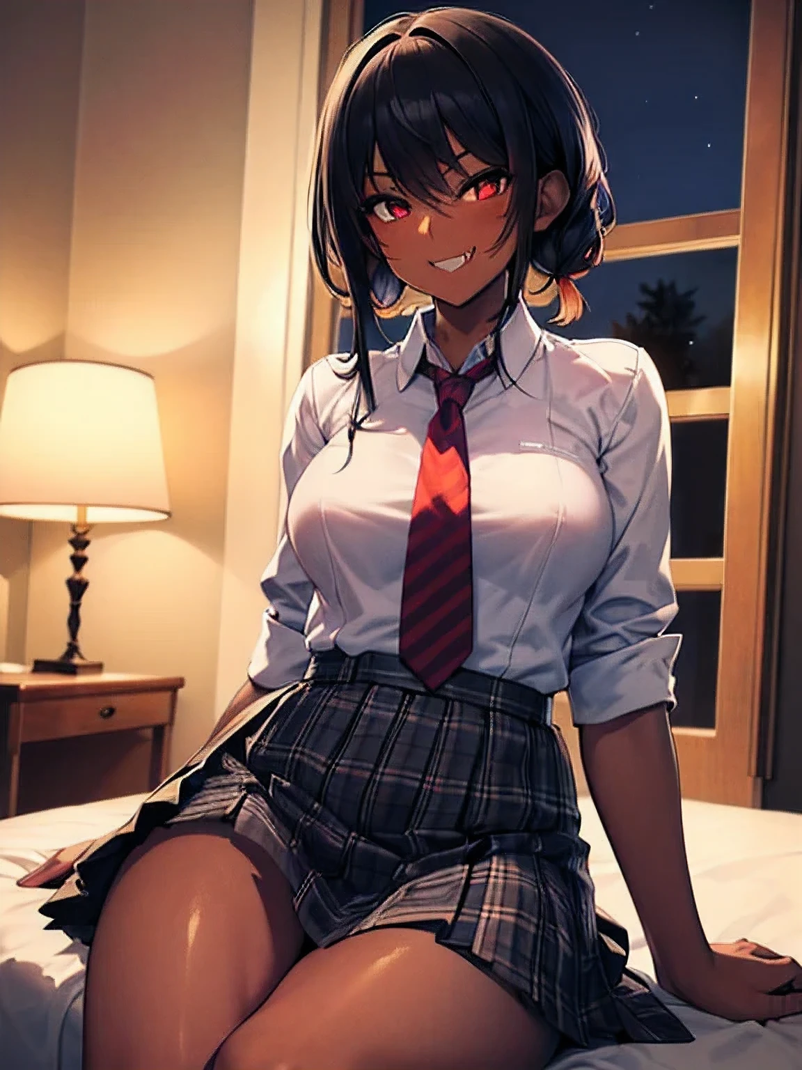 (masutepiece,Best Quality:1.4),superfine illustration, Solo, house wife, (Dark skin:1.3), (chubby), (medium breasts:1.2), pointy ear, , loose necktie, sox, School uniform, plaid skirts, Shirt, lowfers, grin, (tusk), (In the evening classroom:1.2),