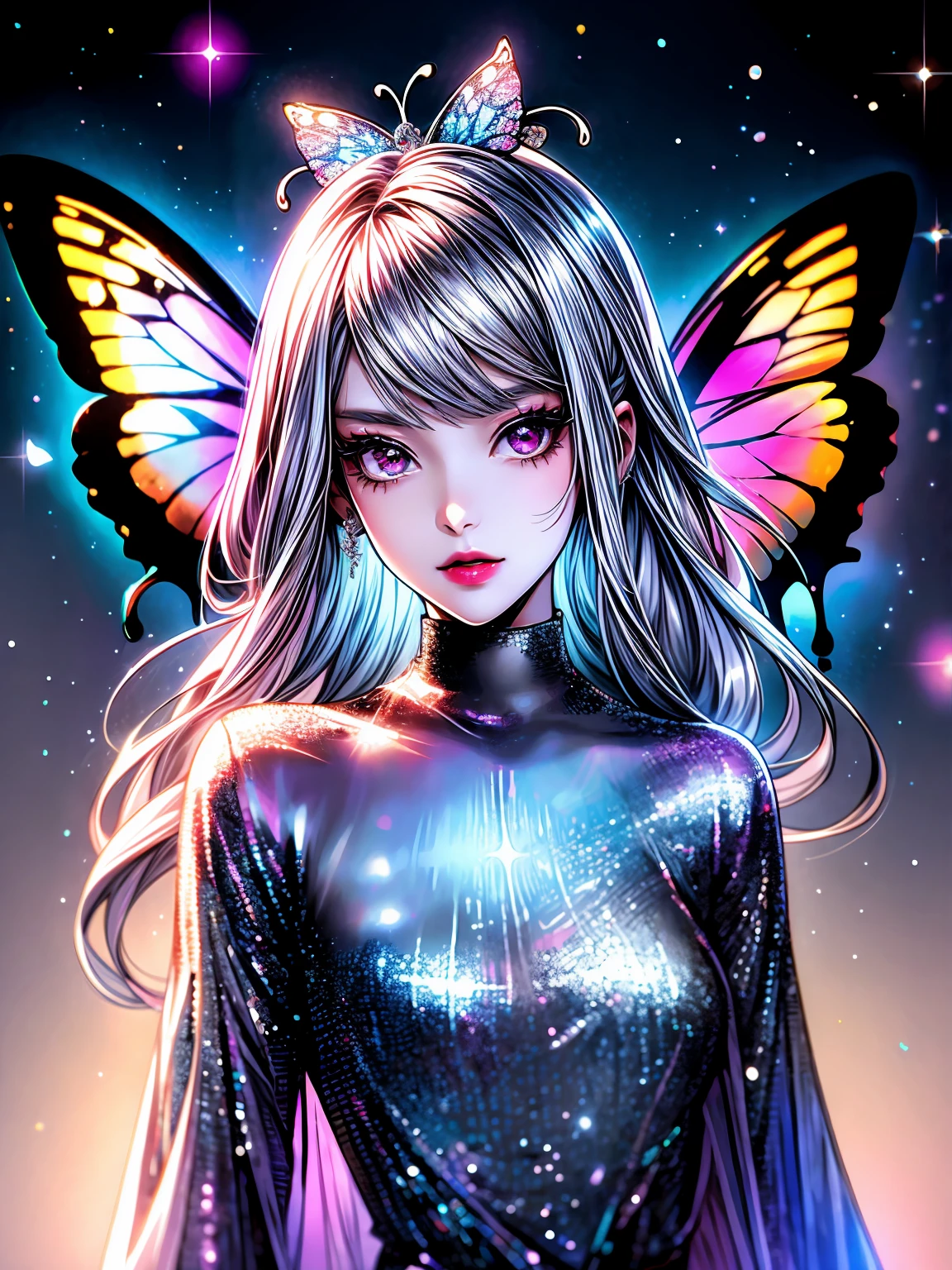 girl with silver hair with butterflies, kawaii aesthetic, glittery and shiny, ferrania p30, Almond-shaped eyes, slender and elongated, dark silver and light pink, aurorapunk, babycore,Light pink background ,upper body, hallyu, girl with silver hair and butterflies on head, kawaii aesthetic, the stars art group, highlights, backlight --ar 2:3