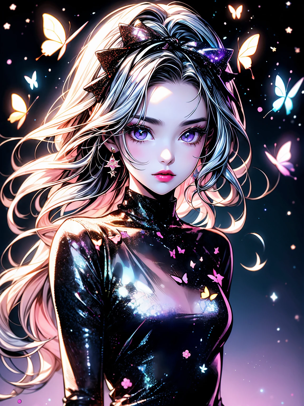 girl with silver hair with butterflies, kawaii aesthetic, glittery and shiny, ferrania p30, Almond-shaped eyes, slender and elongated, dark silver and light pink, aurorapunk, babycore,Light pink background ,upper body, hallyu, girl with silver hair and butterflies on head, kawaii aesthetic, the stars art group, highlights, backlight --ar 2:3