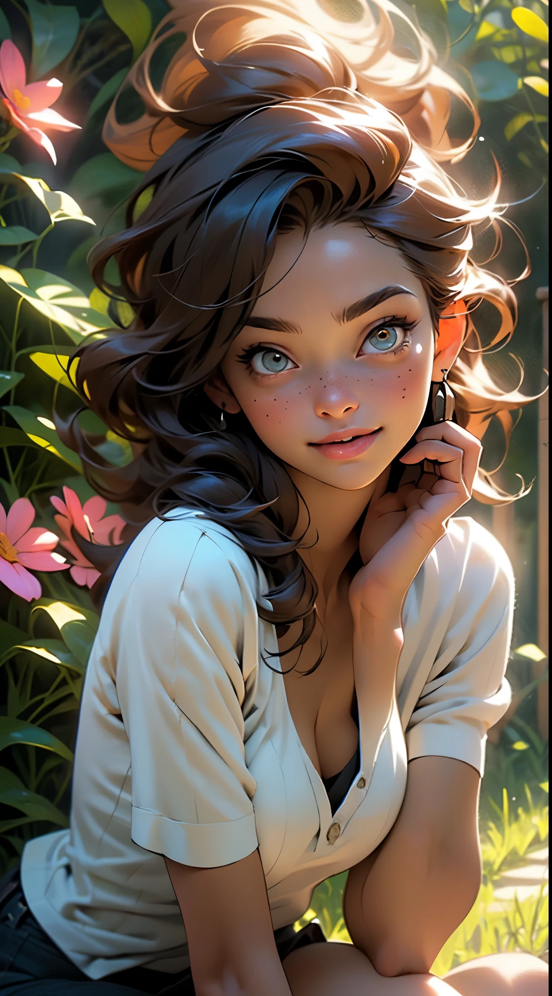 melancholy lighting, quiet, calm, brightness, masterpiece, best quality, 1girl, (JinxLol:1.2), (ultra photorealistic:1.3), (masterpiece:1.4), best quality, ((realistic)), high quality, ultra detailed, ((Real image)), ((realistic skin)), ((realistic face)),(illustration:1.05), (beautiful:1.05), (beautiful detailed eyes:1.05), (cinematic light:1.1), Full body, precise proportions, 18-year-old girl, skinny model lying on the grass, surrounding garden,  tree shadow, hair fluttering in the wind, COLORFUL CLOTHING, long legs, slightly open feet, buttocks, blush, shyness, collarbone, abdominals, double weave, beautiful and delicate face, fair skin, real skin, (face detail), pores, super high resolution, 8k, parameters Best quality, masterpiece, super high resolution, (Realistic 2.0), More details, detailed skin, wide smile, white teeth, voluminous curly hair,  perfect and well designed eyes, girlfriend, beautiful, beautiful, flowers, studio lighting