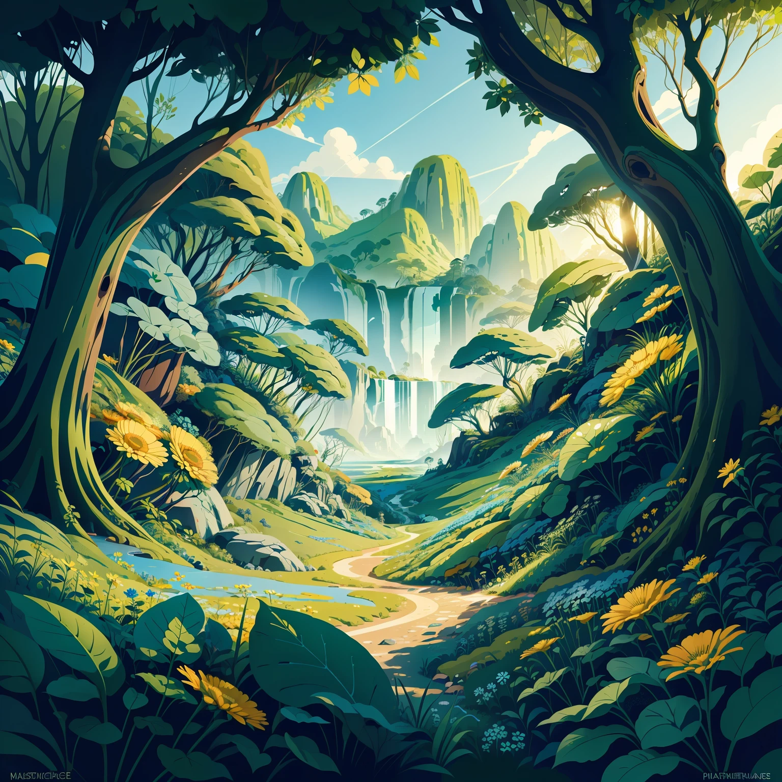Earth Day Poster, flat illustration flowers, bush, landscape blue, Green, yellow,  Background, Bright colors, Chiaroscuro, Super High Detail, 4K, flat illustration vector art sharp focus (gigapixel)  ((masutepiece)) Ants are worried about the destroyed ant nest Many Flowers Picture Book