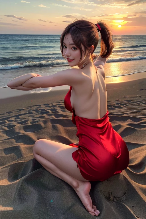 masutepiece, Best Quality, 23years old,Ultra-detailed, finely detail, hight resolution, 8K Wallpaper, Perfect dynamic composition, Natural Color Lip,(Wearing a red short dress:1.4),(Ponytail:1.3), breasts are large,(Lying down,barefoot on the sand:1.3),(white silk short dress:1.4)27-year-old girl,(Full body:1.3),Shot from the side,Enjoy the sunset,Please turn to your left and smile,