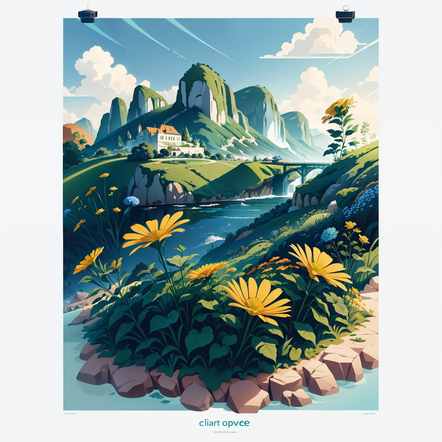 poster for, flat illustration flower landscape blue, Green, yellow,  Background, Bright colors, Chiaroscuro, Super High Detail, 4K, flat illustration vector art sharp focus (gigapixel)  ((masutepiece))