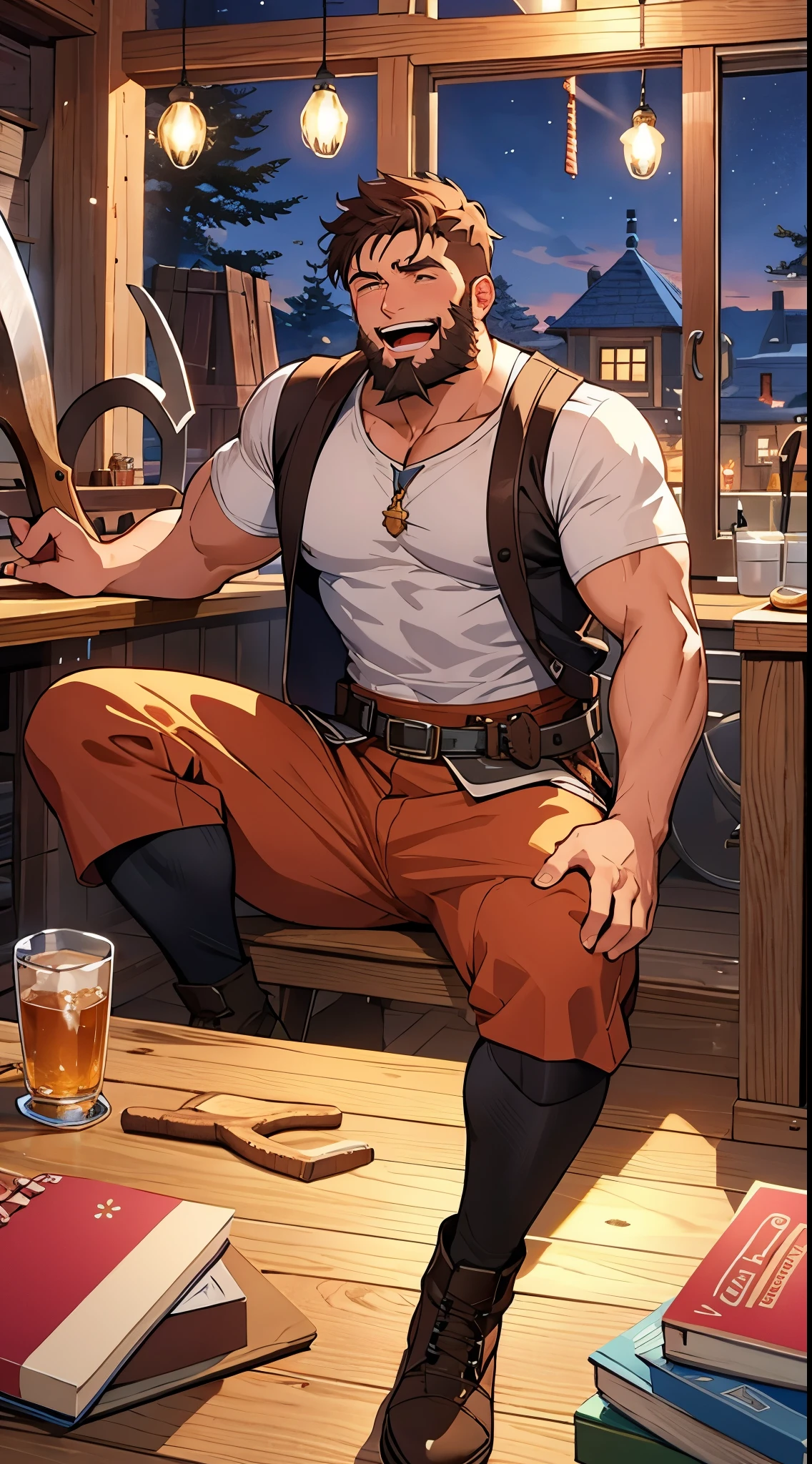 [[[ ultra-detailed, best quality, rugged]]] 1man, warrior, middle-aged, axe, axe on back, beard, fit body, medieval tavern, adventurer garb, laughing, short hair, brown eyes