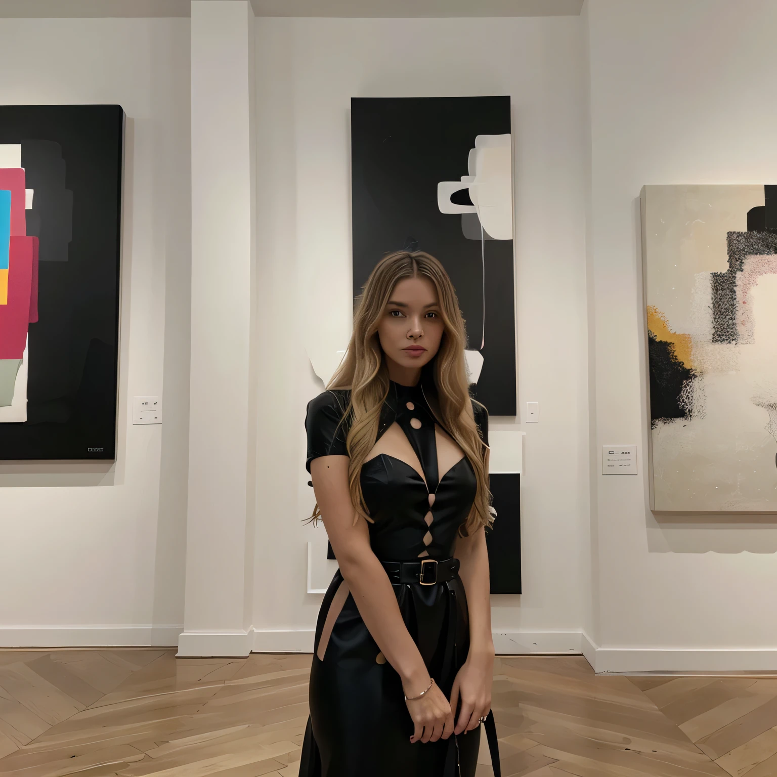 Aria, long blonde wavy hair, Setting: A modern art gallery with contemporary art pieces. Appearance: Wearing a chic, modern black dress with an avant-garde design. Expression: A contemplative gaze, reflecting deep appreciation of the art. Background: Surrounded by bold and abstract art pieces, with visitors engaging with the artwork, showcasing her interest in modern culture. Activity: Hosting an exclusive art exhibit opening, highlighting her involvement in the contemporary art scene and her sophisticated taste.