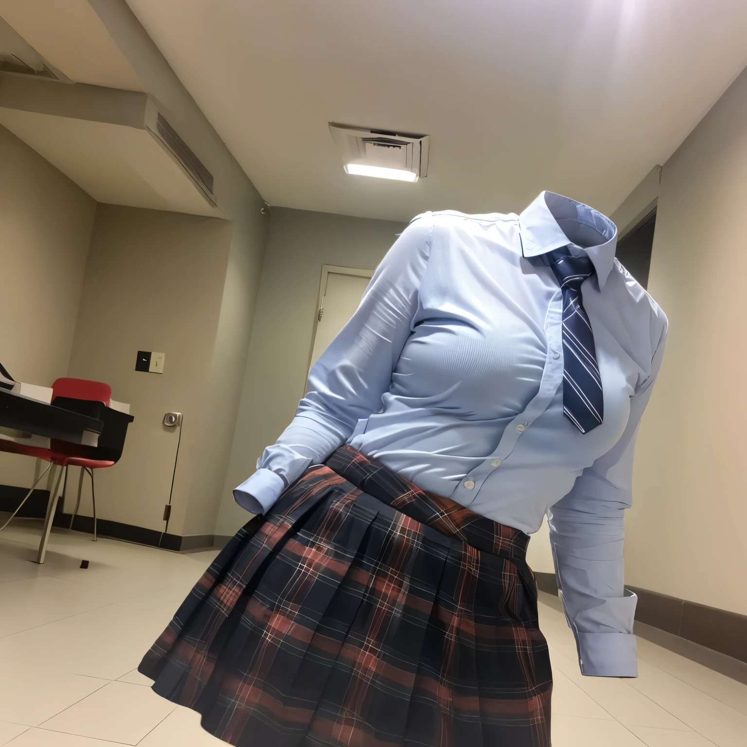 chubby, fat, school stripe tie, school tie, school uniform, plaid skirt, cute pose, lower body, (invisible, no humans, headless, faceless:1.5), (close-up to breasts), cute big breasts, (8k, RAW photo, best quality, masterpiece, high resolution, extremely detailed CG:1.2), (realistic, photo-realistic:1.37), photon mapping, radiosity, ((Hasselblad photography)), physically-based rendering