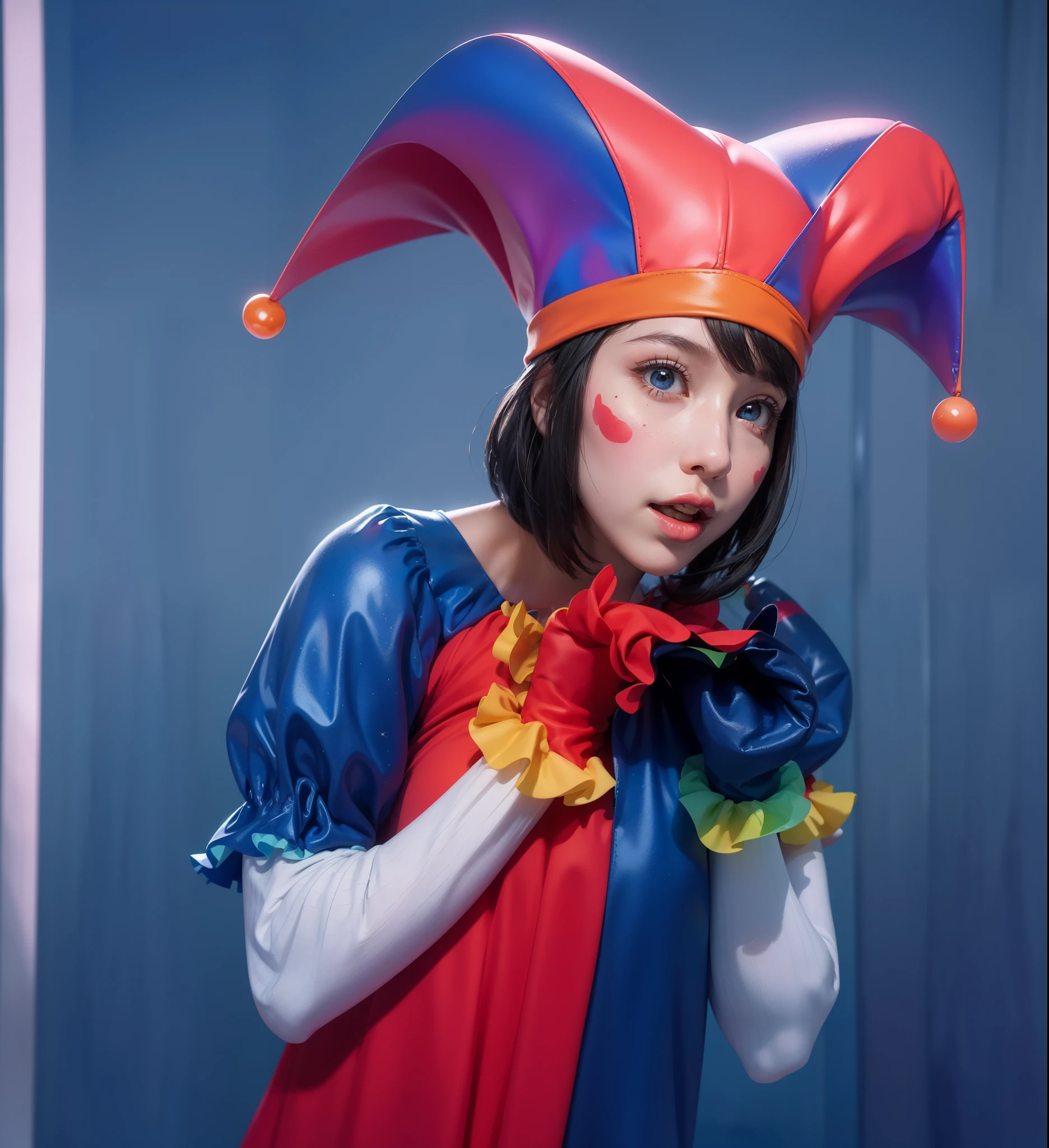 Clown girl with cute, glossy costume in red, blue, yellow, and white. Her outfit shines under the spotlight, reflecting a playful and vibrant atmosphere. Her hair impeccably styled, with a glossy finish that adds to her charm. Her facial expression radiates fear. Her eyes, delicate and detailed, sparkle with excitement. Her lips, beautifully shaped, add a touch of sweetness to her overall appearance. The image of the highest quality, ensuring every detail showcased perfectly. It in 4k resolution, allowing viewers to immerse themselves in the richness of the colors and intricate details. The realistic rendering brings the clown girl to life, her feel tangible and present in the artwork. The background dark, creating a contrasting backdrop that accentuates the girl's vibrant presence. The subtle rim light highlights the contours of her figure, adding depth and dimension to the composition. This artwork combines the elements of a clown girl, glossy costume, beautiful hair, high-resolution image, realistic rendering, dark background, and rim light. The result a visually captivating piece that captures the essence of joy and whimsy, inviting viewers into a world of enchantment and laughter.