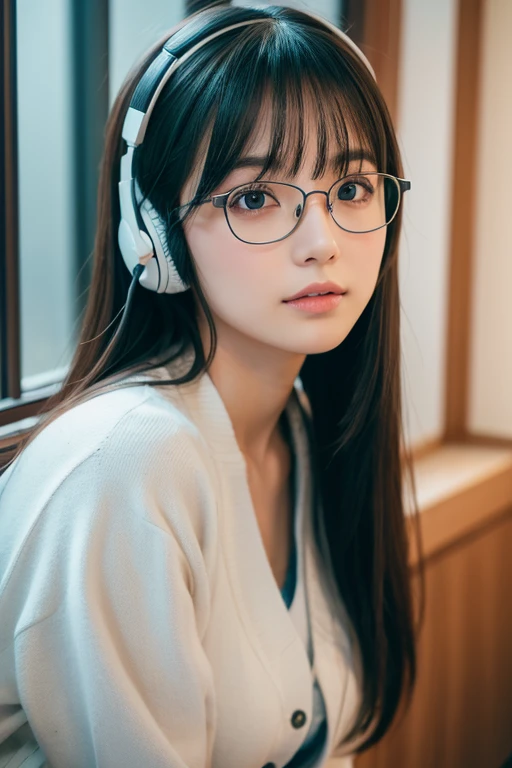 masutepiece, Best Quality, japanaese girl,1girl in, 8K, Raw photo, top-notch quality, masutepiece, nffsw:1.2, exceptionally detailed RAW color photo, professional-grade photograph, (Realistic, Photorealistic:1.37), (highly detailedskin:1.2), Ultra-high resolution, (lenz 50mm), (F/1.2),Exquisitely Detailed Eyes,Staring at the viewer, break 24 years old, dark hair, long hair, glasses, own room, wearing headphones, studying, studying by window, night view through window, fair skin, knit, (eye avert:1.1), modest bust