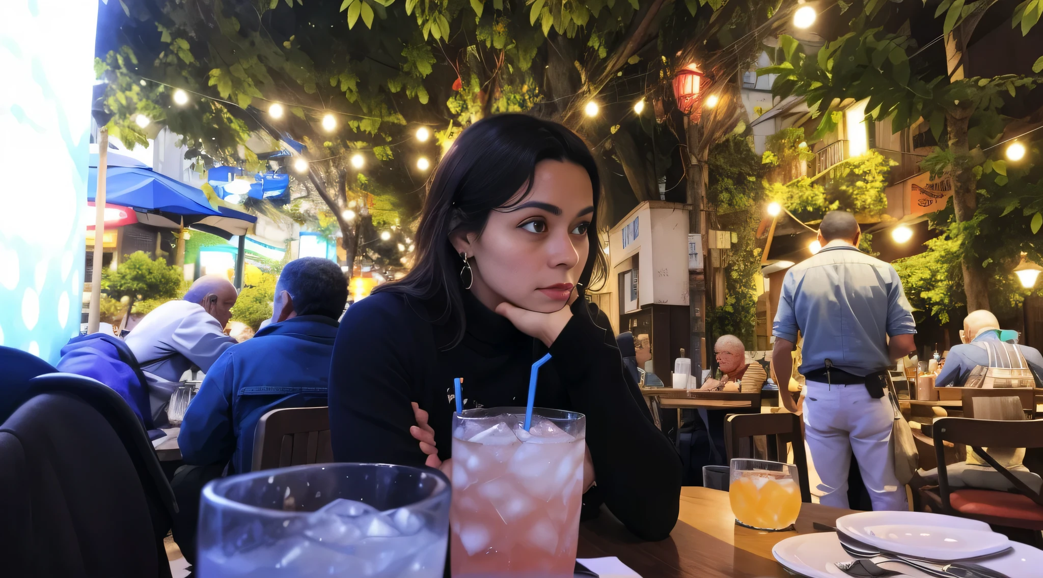 There's a woman sitting at a table with a drink in front of her, Absorto em pensamentos, taken in the late 2010s, looking distracted and awkward, looking to the side off camera, olhando para o lado, concerned expression, spacious photo, taken in the early 2020s, tiro por cima do ombro, candid shot, standing in a restaurant, 44 anos