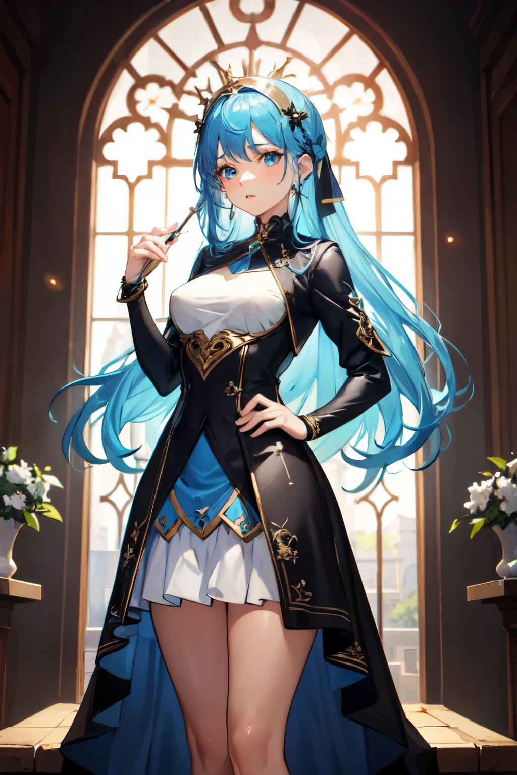 ((Best quality at best)), ((tmasterpiece)), (Detailed pubic hair), s the perfect face,Holy and weird costumes,lightblue hair,Standing painting,Gorgeous skirt dress