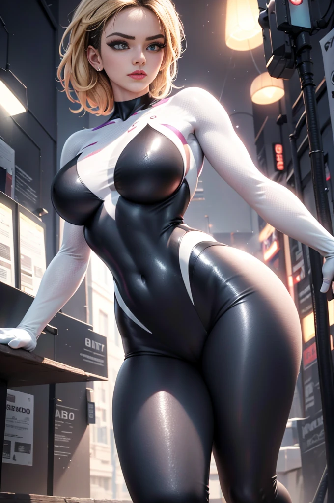 imagem de corpo inteiro Unreal Engine 5 8K UHD de mulher bonita,com cabelos loiros curtos,Wearing tight neon bikini futuristic latex spider woman ,latex bikini,sexy action,Aguarde os seios lentos,figura muscular,Swimsuits that rarely cover the skin,latex glove,Use vidro roxo,耳Nipple Ring,Pierced lip piercing,Cidade da idade moderna,melhor qualidade,tmasterpiece,Papel de parede 8K UHD, Gwen Spider, Gwen em uma roupa preta com aranha no centro de seu peito em branco, organic-looking clothing, testa gooey, simbionte, olhos brancos, belas artes, PS5 cinematic screenshot, Highly detailed cinematic rendering, raytricing ultra fotorrealista, with cinematic lighting