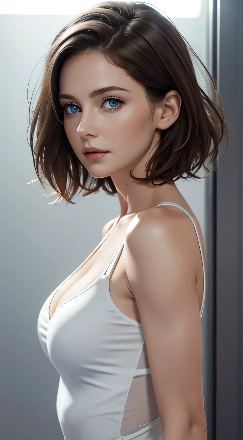 Skin Tight White Top:1.2, Looking at Viewer, Cinematic lighting, Perfect, softlight, High resolution skin:1.2, Realistic skin texture, 30 years old mature woman、a small face、no-makeup、off shoulders,Bust B Cup、 Exposed cleavage, Blue eyes, Short hair, dark brown hair、Full body shot、Gray background、
