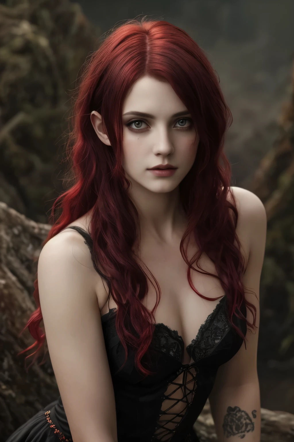 (Realisttic:1.2), analog photo style, cute woman with short black-red multicolored hair, red eyes, (Gloomy and dark atmosphere), soft natural light, faded colours, sexy, great quality, Masterpiece, detailed fantasy background, better performance, 16k quality, HDR, RAW photo