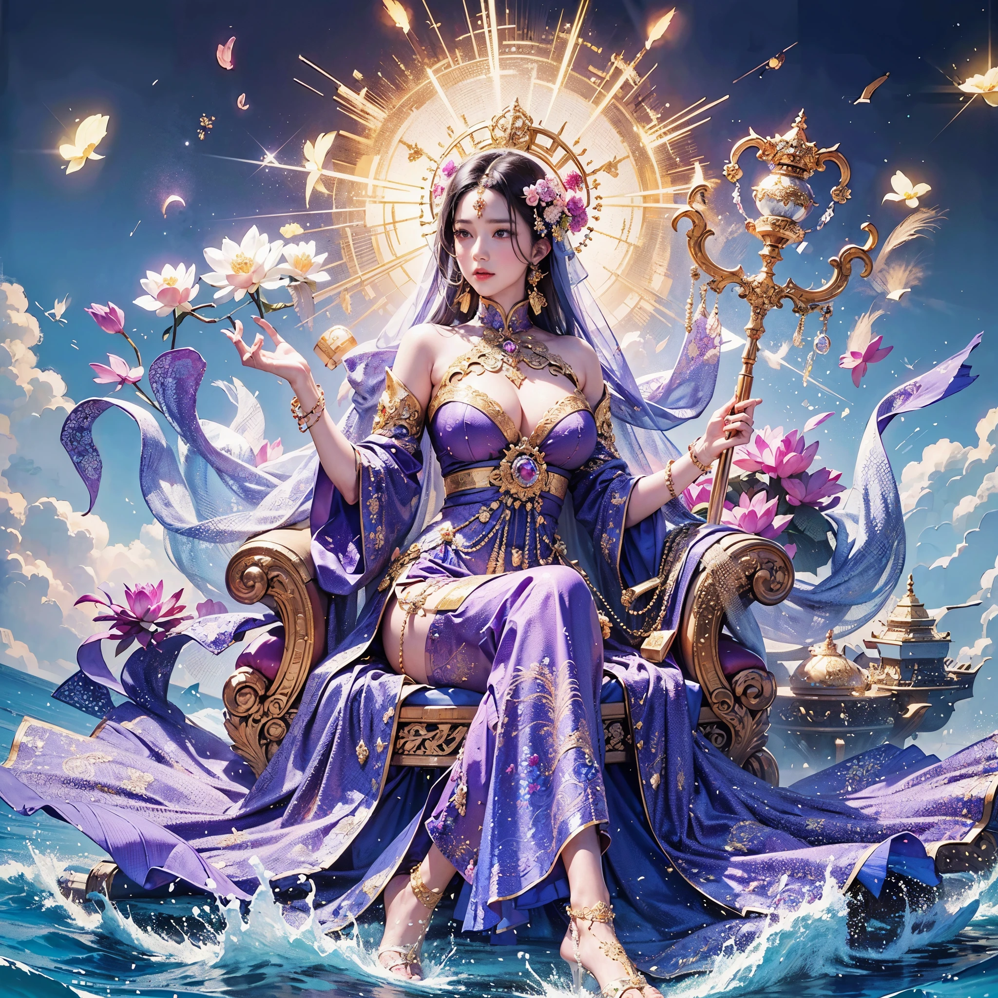 a goddess with gigantic breast in a purple outfit posing on the sky, wearing an ornate outfit, wearing ornate clothing, wearing ornate silk clothes, inspired by Rudy Siswanto, traditional beauty, ornate attire, intricate silk clothing, ornate clothing, lotus goddess, beautiful oriental woman, ao dai, beautiful costume, by Basuki Abdullah, beautiful digital artwork, portrait shot, intricate outfit, masterpiece, best quality:1.2),,(8k,highres,RAW photo,realistic,photo-realistic:1.3),(detailed skin texture,detailed cloth texture,beautiful detailed face:1.25),professional lighting,photon mapping,beautiful soft light,radiosity,physically-based rendering,raytracing, model shoot style, model shoot style, (extremely detailed CG unity 8k wallpaper), full shot body photo of the most beautiful artwork in the world,