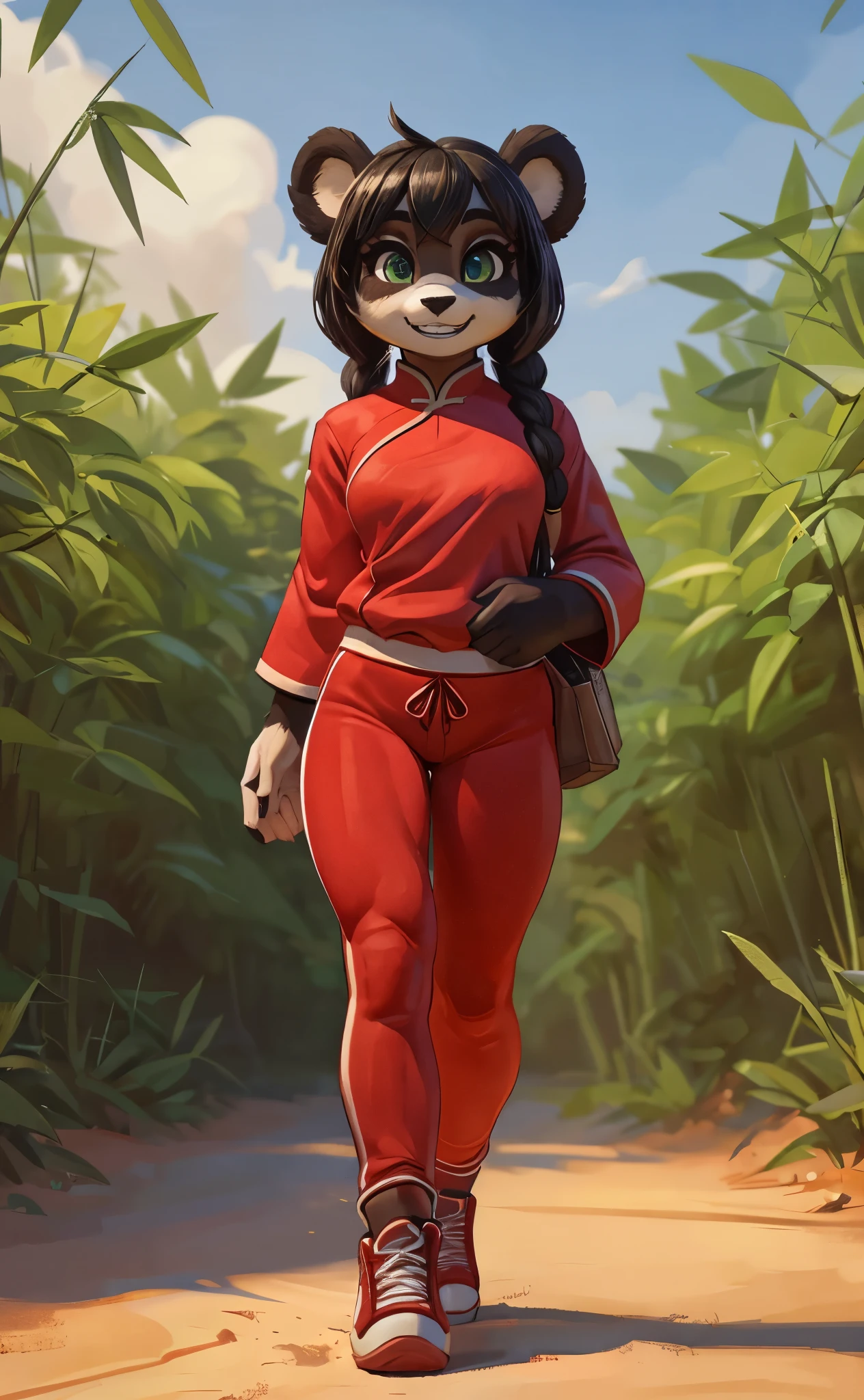 [Yaya Panda], [Uploaded to e621.net; (Pixelsketcher), (wamudraws)], ((masterpiece)), ((HD)), ((solo portrait)), ((full body)), ((front view)), ((feet visible)), ((furry; anthro)), ((detailed fur)), ((detailed shading)), ((beautiful render art)), ((intricate details)), {anthro panda; (black fur), (white fur), black nose, (cute green eyes), (short eyelashes), black hair, braided ponytail, (curvy hips), (beautiful legs), (cute grin)}, {(chinese-style clothing), (red yoga pants), (red sneakers)}, {(standing), (holding bag), (looking at viewer)}, [background; (bamboo forest), (beaten pathway), (blue sky), (cloudy)]