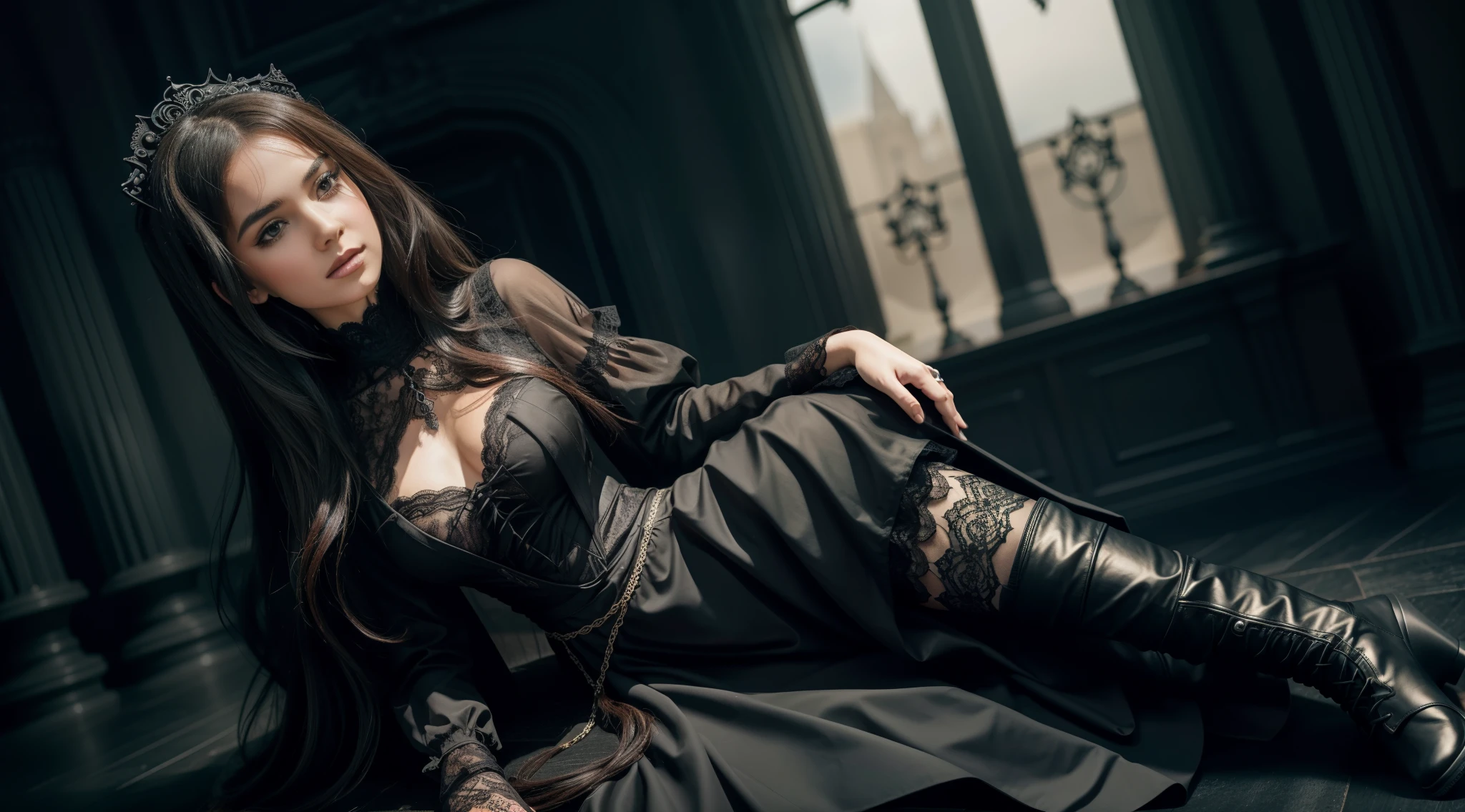 Um ultra-detalhado, Realistic:1.37 gothic portrait of a girl wearing a black lace dress and black pointed boots. A obra de arte exibe um estilo de arte com uma atmosfera sombria. The lighting is studio, enfatizando as cores vivas da cena.