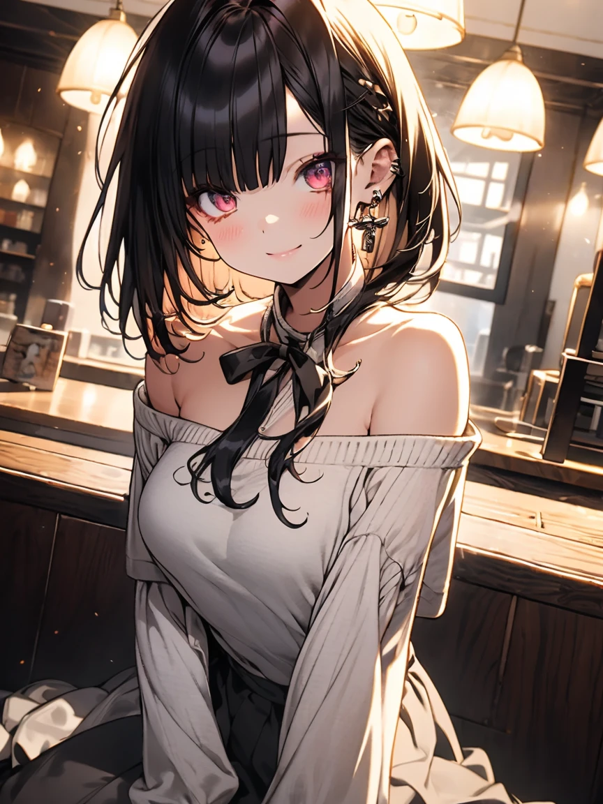 masterpiece, absurdres, best quality, ultra detailed, high Resolution, detailed illustration, extremely beautiful detailed face and eyes, bright colour, 1girl, (), cute face, Delicate beautiful face, magenta eyes, cute eyes, sparkling eyes, big eyes, medium breasts, (perky breasts:1.1), (pointy breasts:1.1), medium hips, glamorous body, white skin, smile, BREAK, long bob cut, (blonde hair:0.8), messy hair, detailed hair, shiny hair, BREAK off shoulder sweater, long skirt, tiny ribbon, restaurant, eating shortcake, real world, natural lights, perfect lighting,