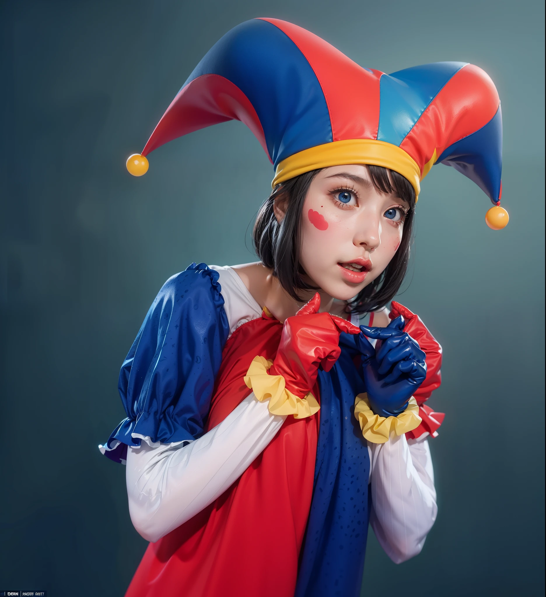 Clown girl with cute, glossy costume in red, blue, yellow, and white. Her outfit shines under the spotlight, reflecting a playful and vibrant atmosphere. Her hair impeccably styled, with a glossy finish that adds to her charm. Her facial expression radiates fear. Her eyes, delicate and detailed, sparkle with excitement. Her lips, beautifully shaped, add a touch of sweetness to her overall appearance. The image of the highest quality, ensuring every detail showcased perfectly. It in 4k resolution, allowing viewers to immerse themselves in the richness of the colors and intricate details. The realistic rendering brings the clown girl to life, her feel tangible and present in the artwork. The background dark, creating a contrasting backdrop that accentuates the girl's vibrant presence. The subtle rim light highlights the contours of her figure, adding depth and dimension to the composition. This artwork combines the elements of a clown girl, glossy costume, beautiful hair, high-resolution image, realistic rendering, dark background, and rim light. The result a visually captivating piece that captures the essence of joy and whimsy, inviting viewers into a world of enchantment and laughter.
