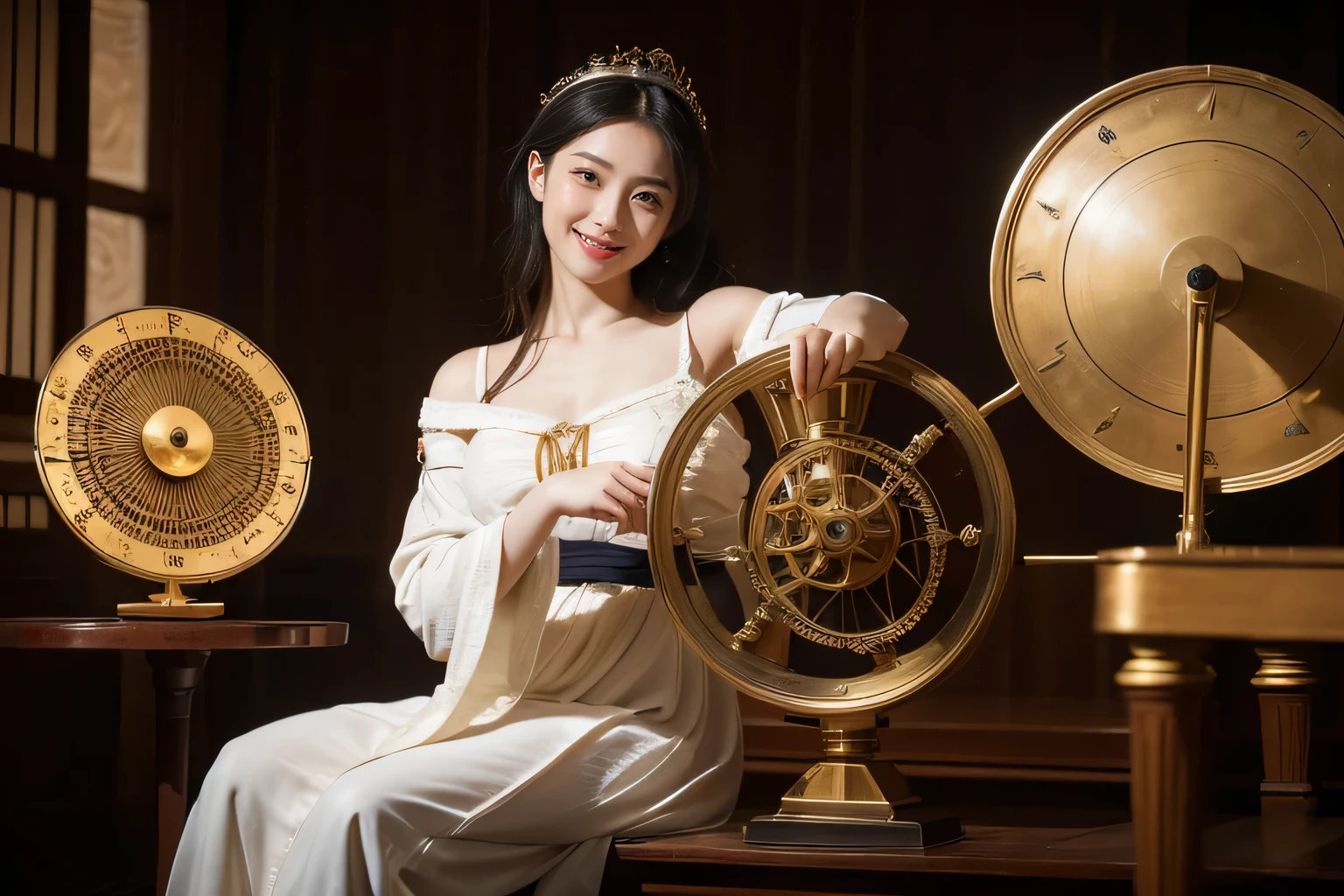 female mathematician,Ancient Greek costumes,Astronomical machinery,antique,A smile,,Sweet and seductive appearance.、Caravaggio's paintings、Chiaroscuro of Caravaggio,,Cute smile, Expression of ecstasy,erotick,A sexy