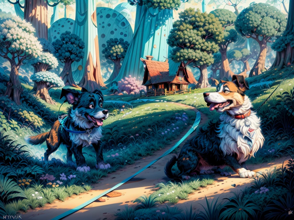 cartoon drawing of two dogs on a leash in a park, animated disney movie inking, published concept art, stylized linework, black and white illustration, official illustration, whole page illustration, by Istvan Banyai, concept art for a video game, by Maksimilijan Vanka, colorkey scene, game illustration, cartoon concept art