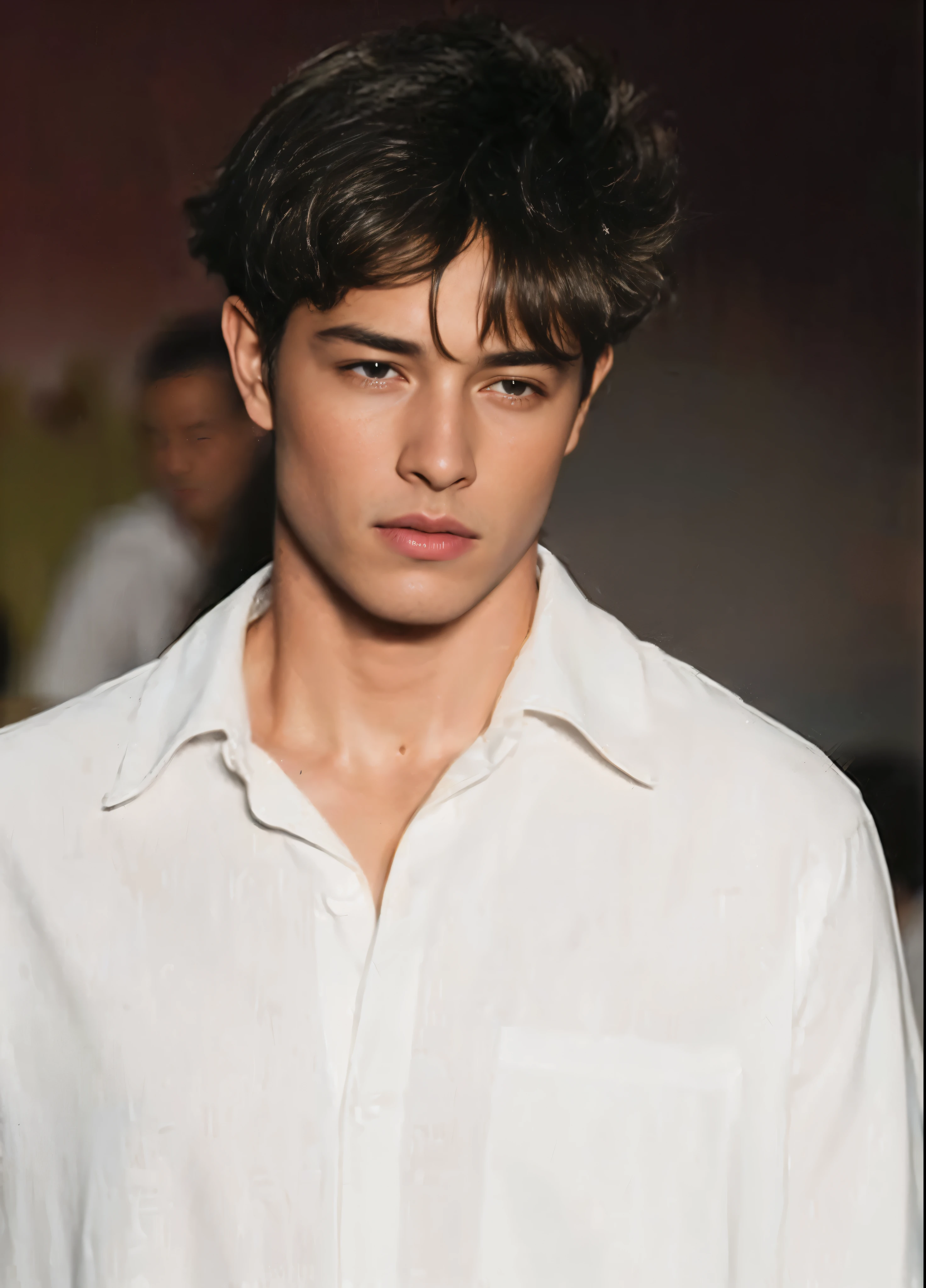 arafed male model in white shirt and tie walking down runway, androgynous male, he has short curly brown hair, wearing white shirt, davide sorrenti, large messy hair style, wearing a white shirt, wearing a linen shirt, male model, handsome and attractive, wavy and short top hair, federico pelat, handsome male, chico lachowski