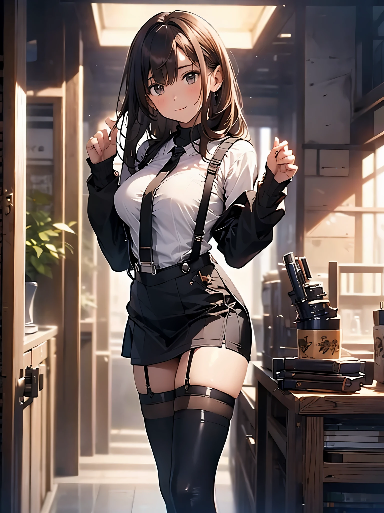 Brown hair、watching at viewers black suspenders Bulging big breasts walls: Black miniskirt garters Gaze Small face bangss holster Beautuful Women hands up レッグholster ベッドに横たわる Gaze black boots panty shot provocation flank flank汗 soio arm
