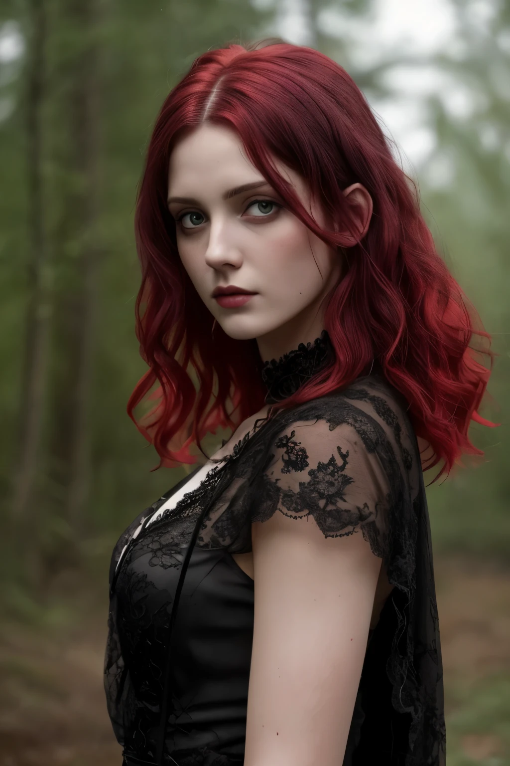 (Realisttic:1.2), analog photo style, cute woman with short black-red multicolored hair, red eyes, (Gloomy and dark atmosphere), soft natural light, faded colours, sexy, great quality, Masterpiece, detailed fantasy background, better performance, 16k quality, HDR, RAW photo