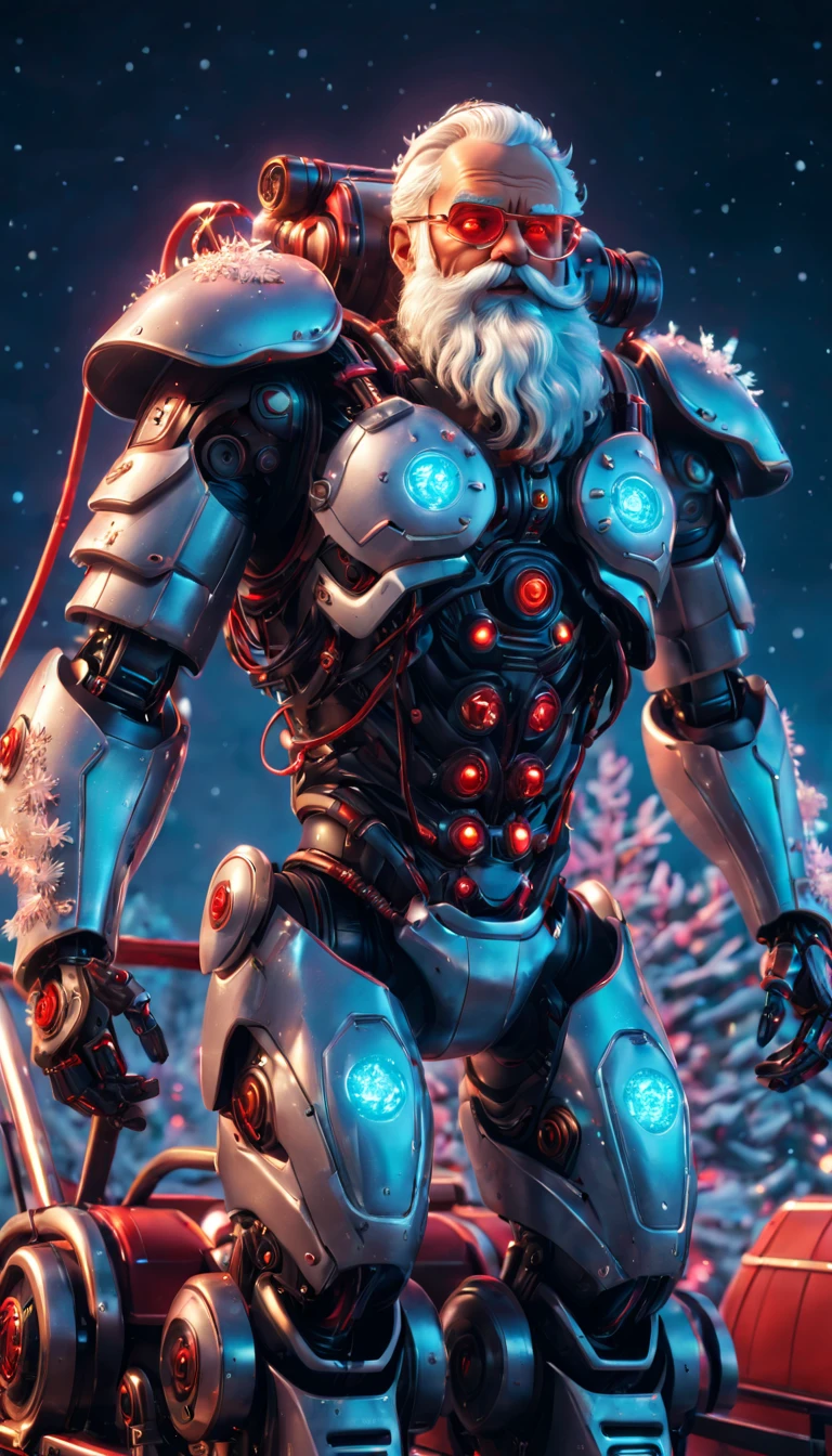 cybernetic Santa Claus, robotic arms with intricate details, futuristic exoskeleton suit, glowing red eyes, metallic beard and hair, advanced gift delivery , hovering sleigh with anti-gravity technology, neon lights illuminating the night sky, pixelated snowflakes falling, ultra-detailed, highres, HDR, physically-based rendering, sci-fi, vibrant colors, futuristic lighting