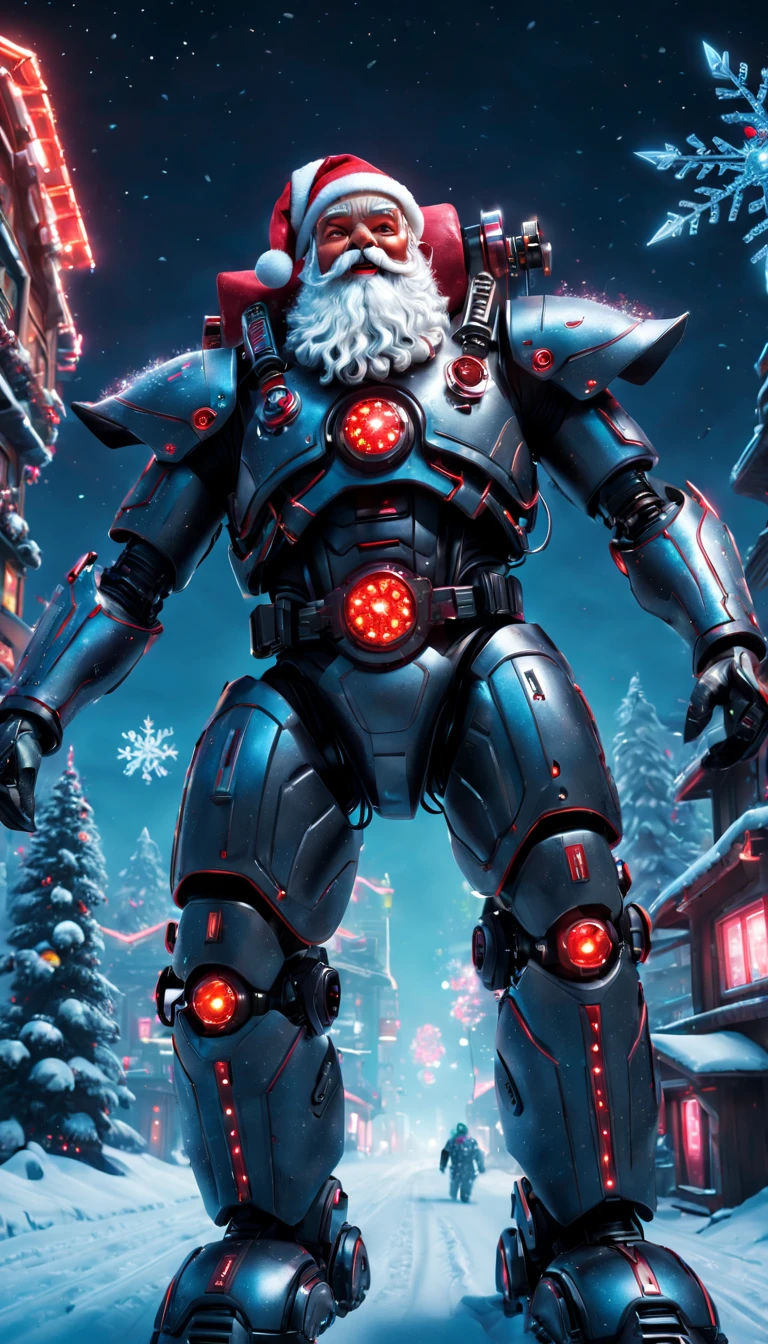 cybernetic Santa Claus, robotic arms with intricate details, futuristic exoskeleton suit, glowing red eyes, metallic beard and hair, advanced gift delivery , hovering sleigh with anti-gravity technology, neon lights illuminating the night sky, pixelated snowflakes falling, ultra-detailed, highres, HDR, physically-based rendering, sci-fi, vibrant colors, futuristic lighting