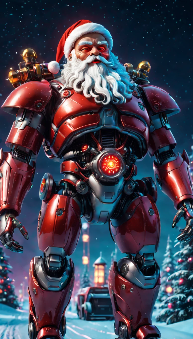 cybernetic Santa Claus, robotic arms with intricate details, futuristic exoskeleton suit, glowing red eyes, metallic beard and hair, advanced gift delivery , hovering sleigh with anti-gravity technology, neon lights illuminating the night sky, pixelated snowflakes falling, ultra-detailed, highres, HDR, physically-based rendering, sci-fi, vibrant colors, futuristic lighting