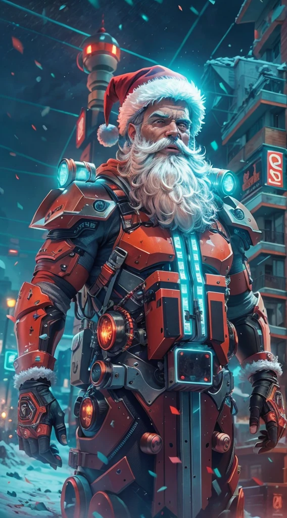 cybernetic Santa Claus, robotic arms with intricate details, futuristic exoskeleton suit, glowing red eyes, metallic beard and hair, advanced gift delivery , hovering sleigh with anti-gravity technology, neon lights illuminating the night sky, pixelated snowflakes falling, ultra-detailed, highres, HDR, physically-based rendering, sci-fi, vibrant colors, futuristic lighting