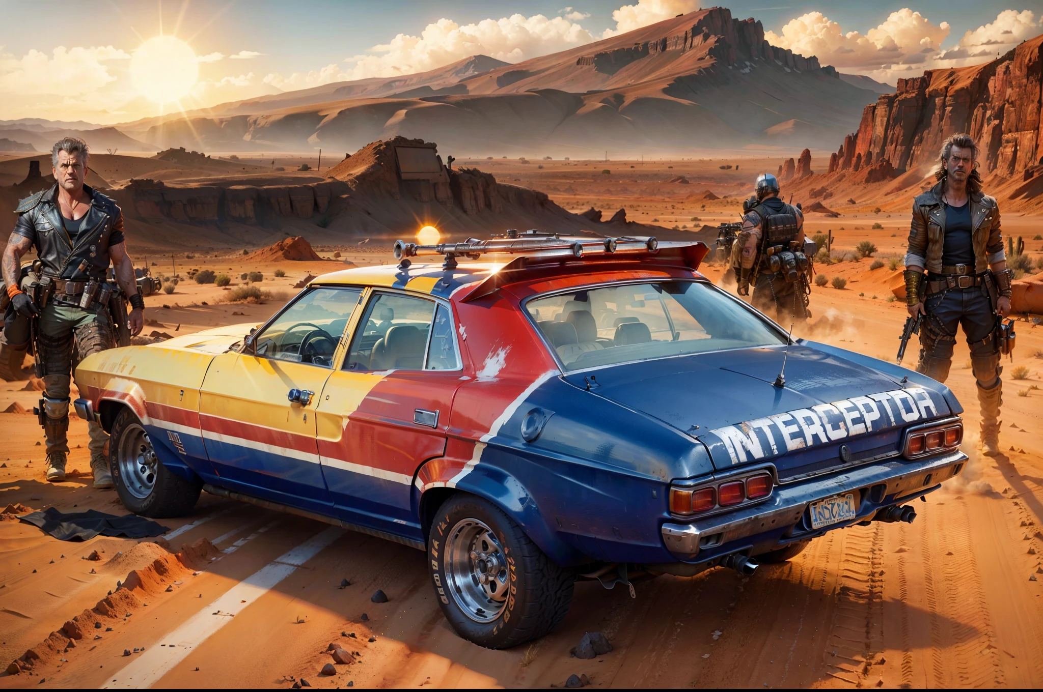 Um poderoso Interceptor carro policial grunge e dirty do filme Mad Max, in the background, Mel Gibson as Mad Max, a biker and a beautiful woman, all wearing clothes from the film Mad Max and a desert with the sun shining in the sky in orange tones and the mountains in the background