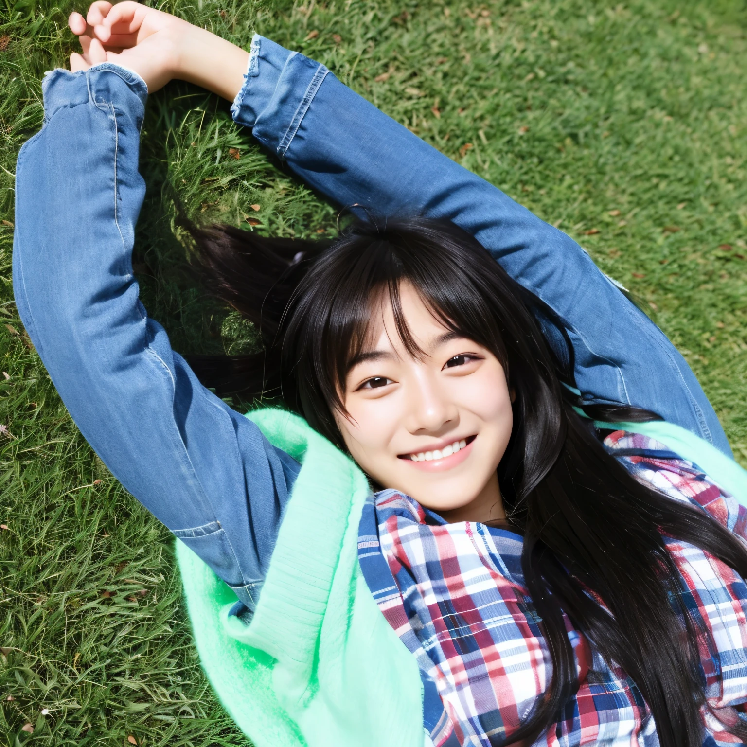 Lying down, smiling, Japanese, high school girl, miniskirt, long black hair, park