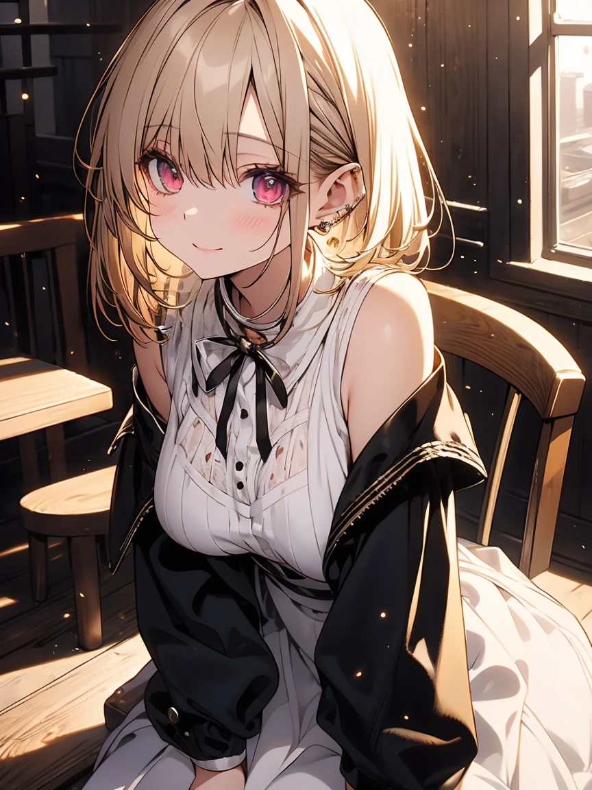 masterpiece, absurdres, best quality, ultra detailed, high Resolution, detailed illustration, extremely beautiful detailed face and eyes, bright colour, 1girl, (loli), cute face, Delicate beautiful face, magenta eyes, cute eyes, sparkling eyes, big eyes, medium breasts, (perky breasts:1.1), (pointy breasts:1.1), medium hips, glamorous body, white skin, smile, BREAK, long bob cut, (blonde hair:0.8), messy hair, detailed hair, shiny hair, BREAK off shoulder sweater, long skirt, tiny ribbon, restaurant, eating shortcake, real world, natural lights, perfect lighting,