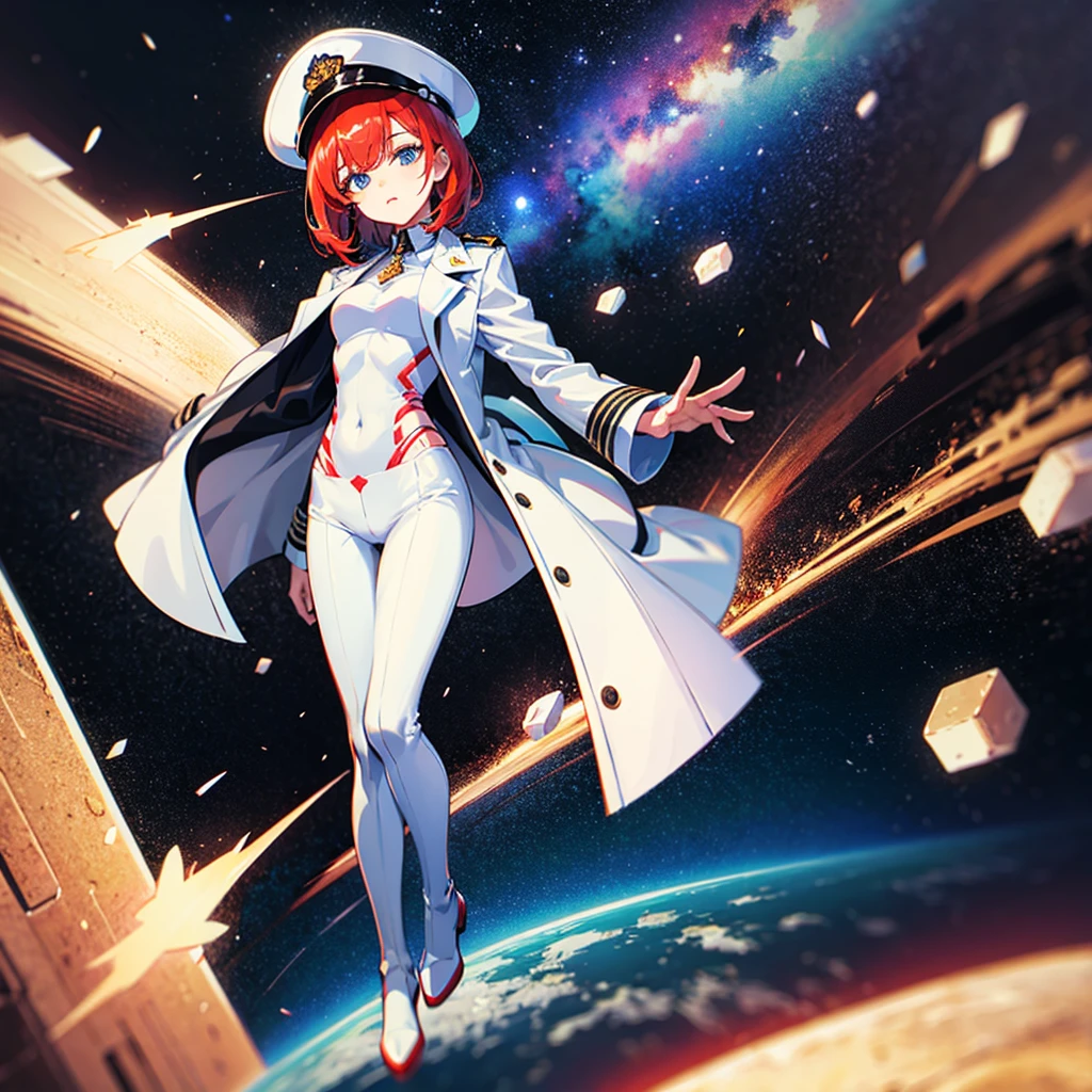 (((masterpiece)))、(((Top image quality)))、(((top-quality)))、(Illustration of one woman)、30-years old、(Viceroy)、((Red-haired shorthair))、(Thin hair hanging down both sides of the face)、Blue eyes、((Tall))、((Muscle Woman、stocky build、muscular legs、broad shoulders、solid chest))、((Military uniforms))、((Military Cap))、((Military coat))、(white clothes)、(White pants)、(White cap)、trench coat、((Inside the spaceship))、(The universe outside the window、Earth seen from space、Spaceport)