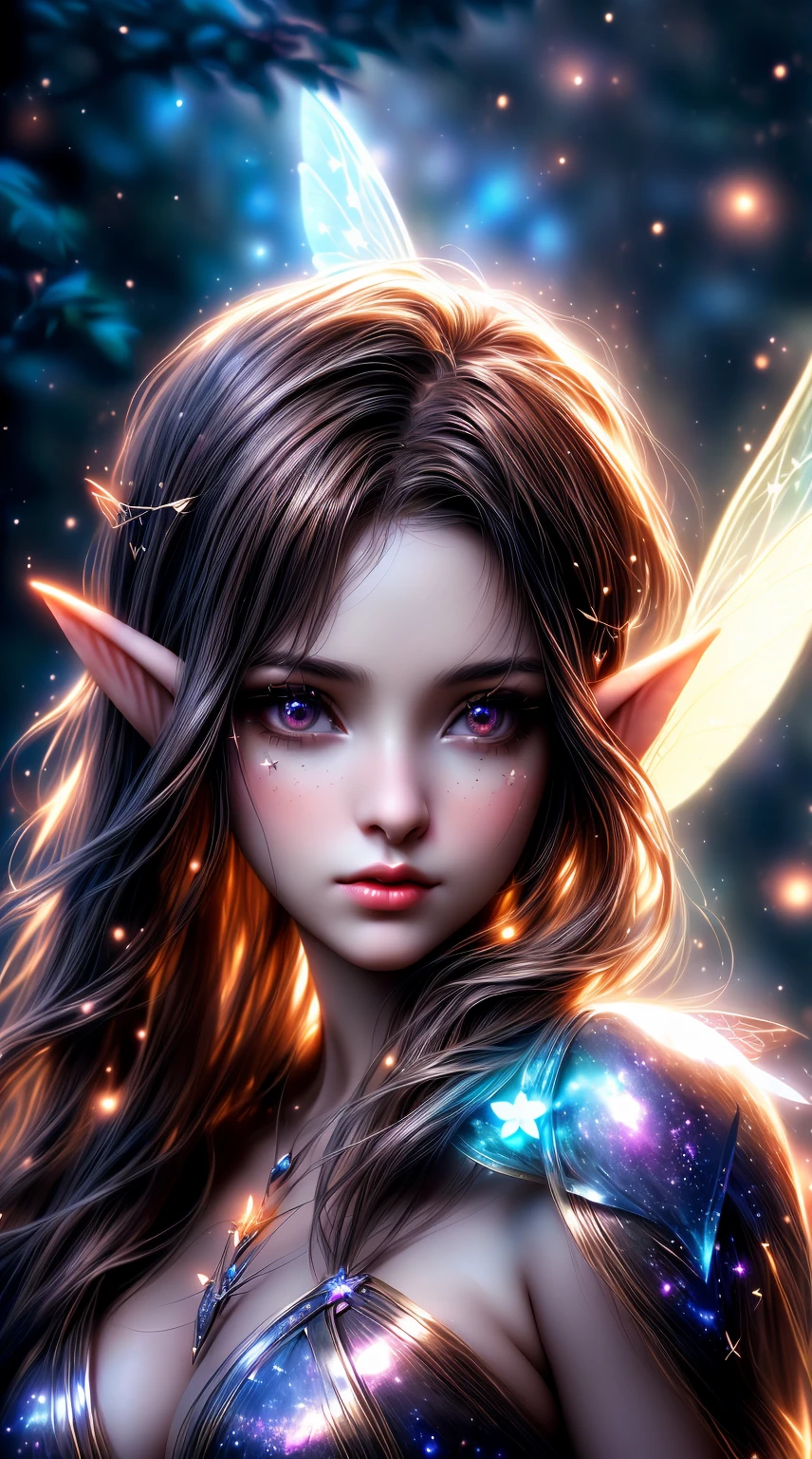 a close up of a woman with a fairy wings and stars, portrait of a fairy, beautiful fantasy art, fantasy gorgeous lighting, beautiful fairy, fantasy art style, beautiful digital artwork, portrait of fairy, brunette fairy woman, beautiful fantasy art portrait, very beautiful fantasy art, brunette elf with fairy wings, digital fantasy art ), beautiful fairies, glowing with magic, beautiful fantasy portrait