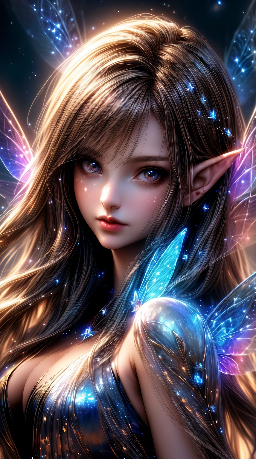 a close up of a woman with a fairy wings and stars, portrait of a fairy, beautiful fantasy art, fantasy gorgeous lighting, beautiful fairy, fantasy art style, beautiful digital artwork, portrait of fairy, brunette fairy woman, beautiful fantasy art portrait, very beautiful fantasy art, brunette elf with fairy wings, digital fantasy art ), beautiful fairies, glowing with magic, beautiful fantasy portrait