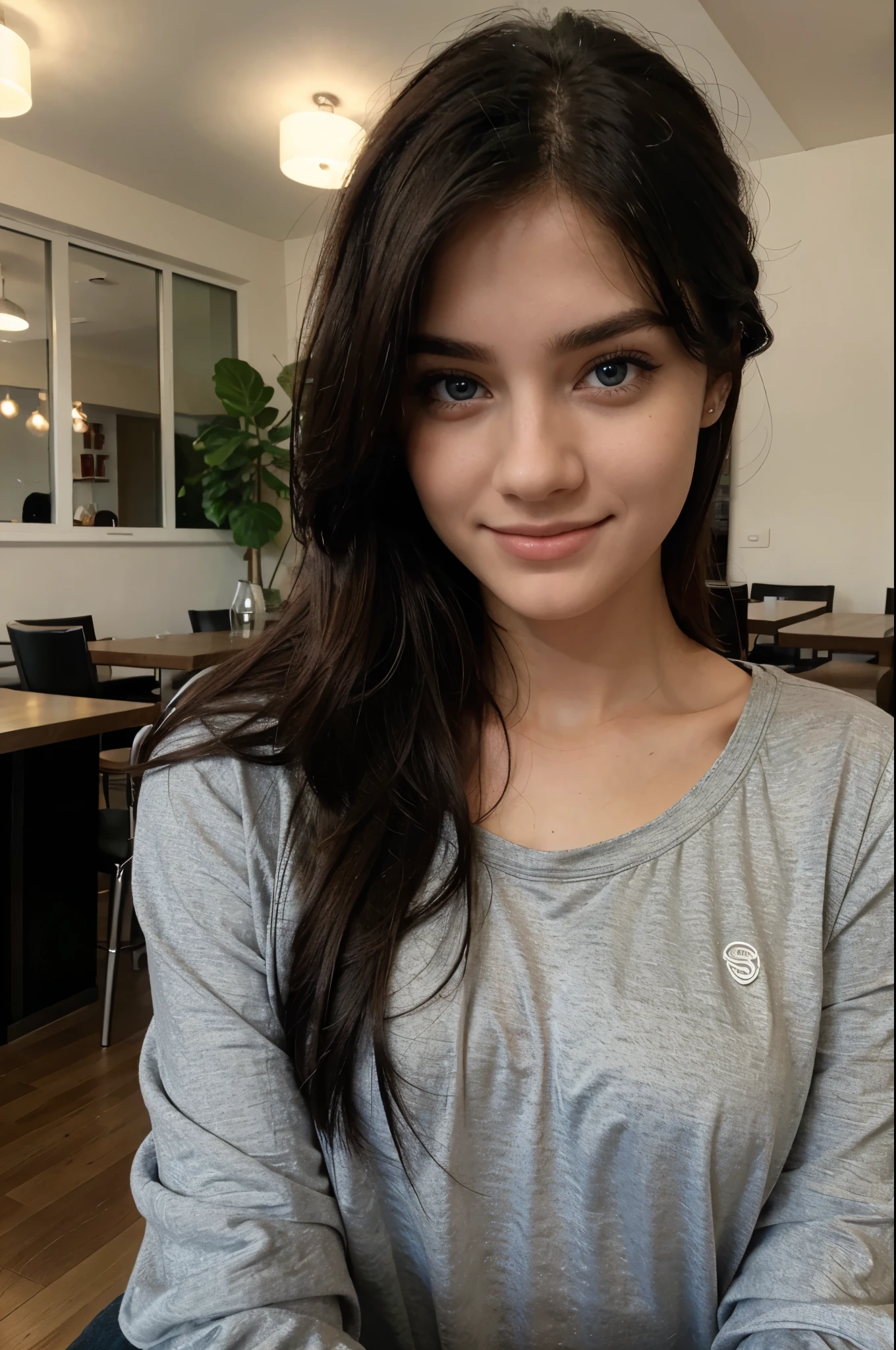 closeup of 19 year old beautiful model, wearing black casual outfit, posing in a cafe, black hairs, blue eyes, happy face, realistic photography