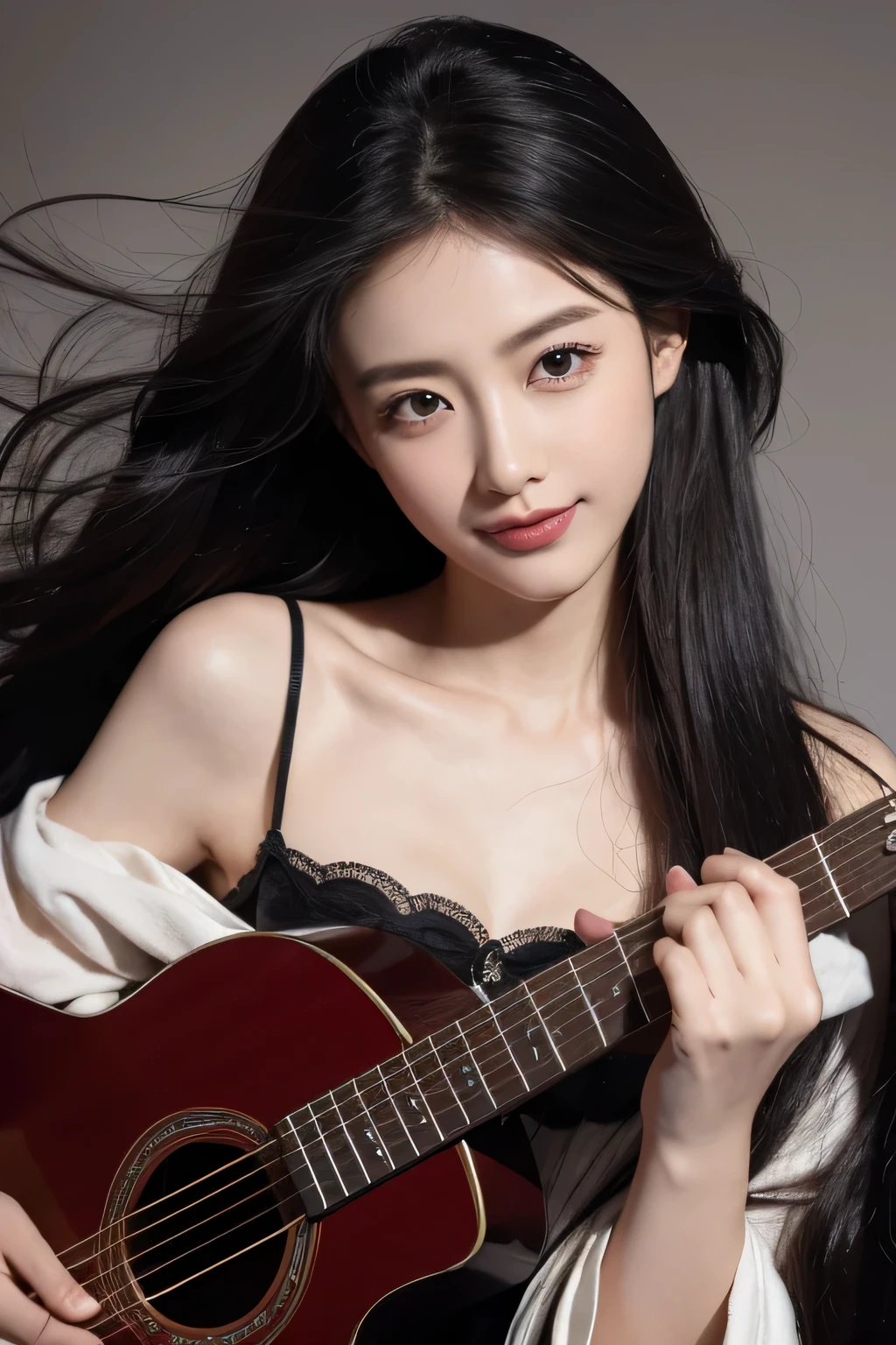 A smile,,Sweet and seductive appearance.、she is playing the guitar,Caravaggio's paintings、Chiaroscuro of Caravaggio、Hair disheveled in the wind,Cute smile, Expression of ecstasy,A sexy,Erotic