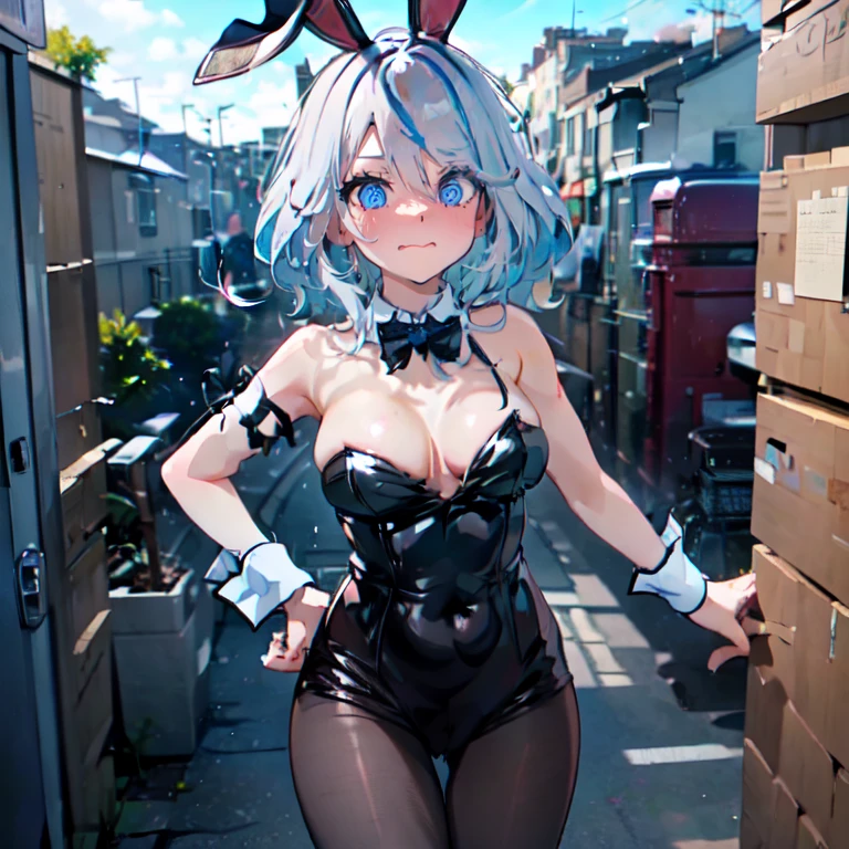 1girl, Furina, white hair:1.1, streaked hair, short hair, blue eyes, cowboy shot:1.15, looking at viewer, from above:1.2, bunnysuit, pantyhose, fake bunny ears, wrist cuffs, bowtie, medium breasts, wavy mouth, closed mouth, embarrassed, frown, @_@, areola slip:1.2, pale skin:1.3