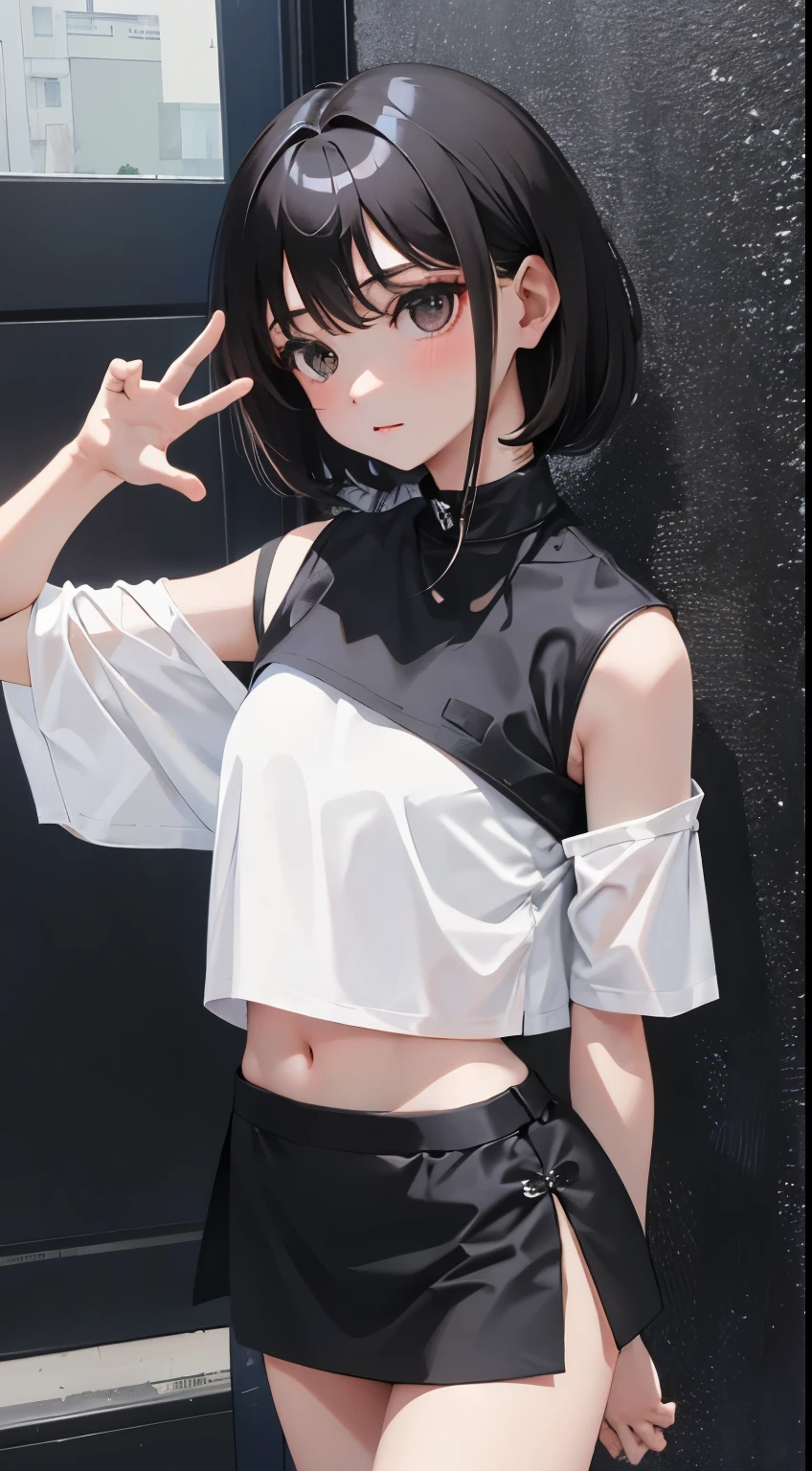 full bodyesbian，行走，(child)，（​masterpiece，Highest Quality），Crop Top Look，white t-shirts，(Black mini skirt with gingham check)，A dark-haired