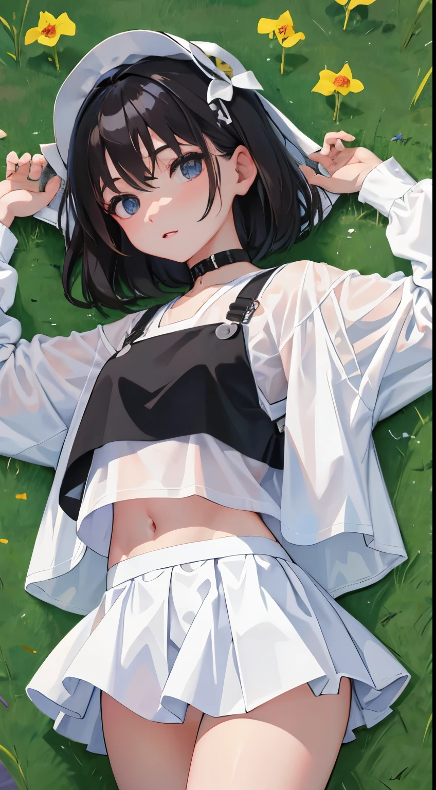 Overlooking,highest quality,Beautiful face in every detail,cute,Dark brown eyes,(背の低いcute女の子,Small young student,Young delicate girl),(masterpiece,Top quality),Black Hair,Sleepy expression,Crop Top Look,Black Shirt,Shorts