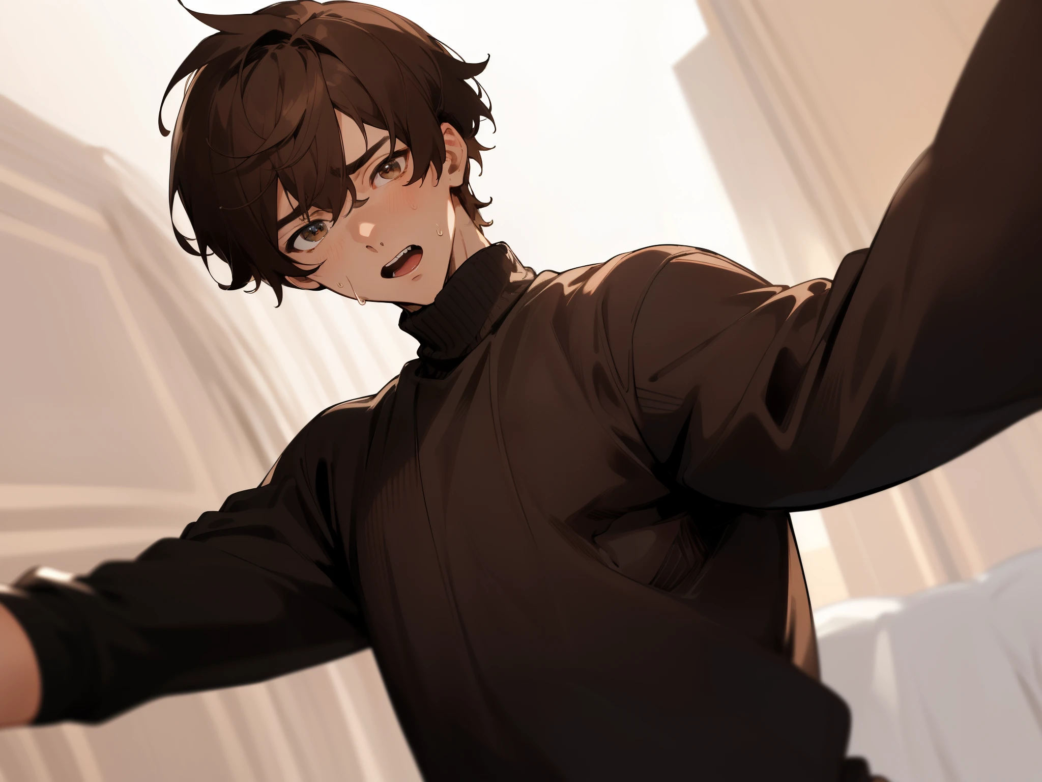 (Dynamic Angle,absurderes、hight resolution、ultra-detailliert),upper body, close up,ムラムラ,Sweaty,1 male,a handsome、opened mouth,Black sweater,extra very short hair、Brown hair、eyes are brown,Background Hotel,a bed,a handsome、Angle from below,Push your audience down