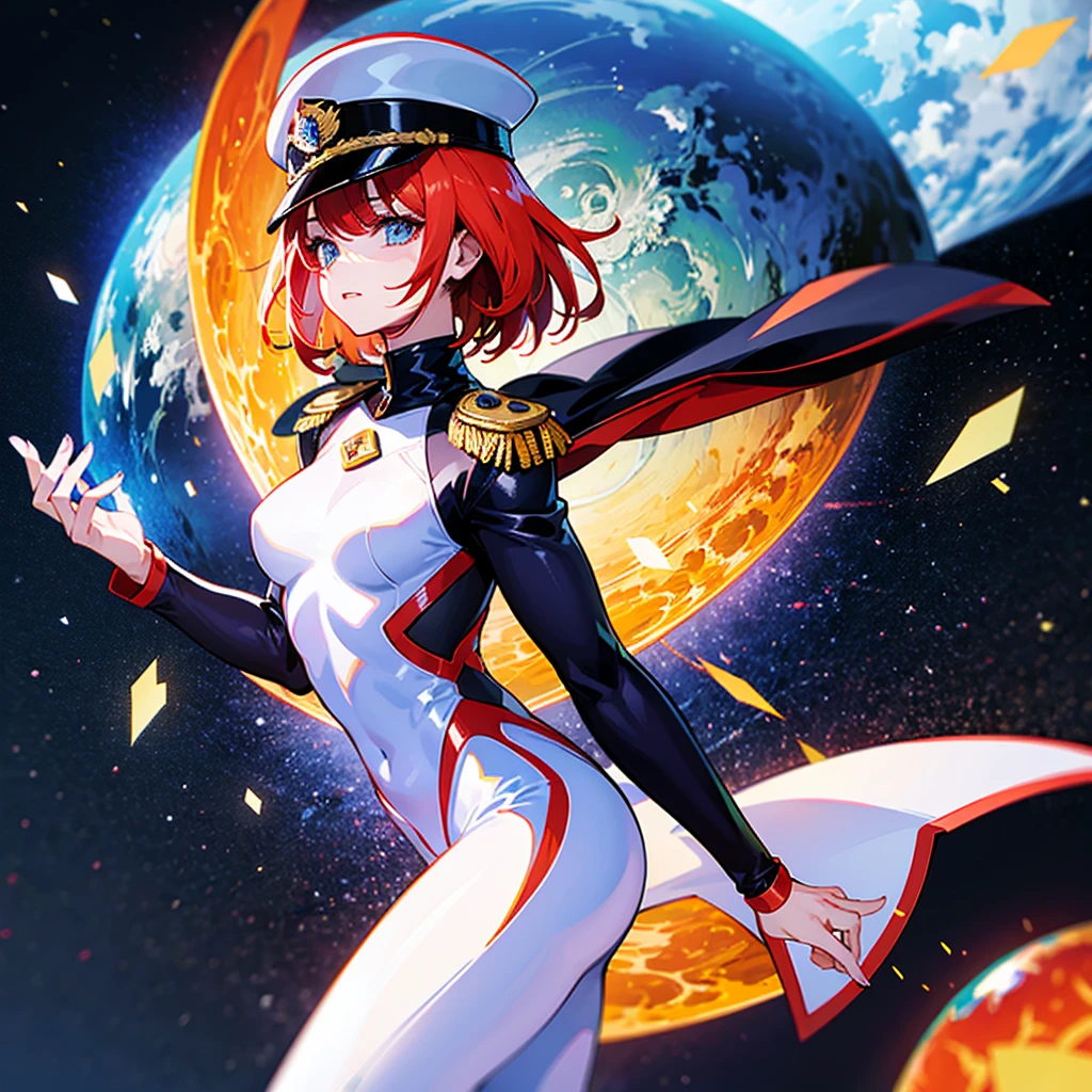 (((masterpiece)))、(((Top image quality)))、(((top-quality)))、(Illustration of one woman)、30-years old、(Viceroy)、((Red-haired shorthair))、(Thin hair hanging down both sides of the face)、Blue eyes、((Tall))、((Muscle Woman、stocky build、muscular legs、broad shoulders、solid chest))、((Military uniforms))、((Military Cap))、((Military coat))、(white clothes)、(White pants)、(White cap)、trench coat、((Inside the spaceship))、(The universe outside the window、Earth seen from space、Spaceport)