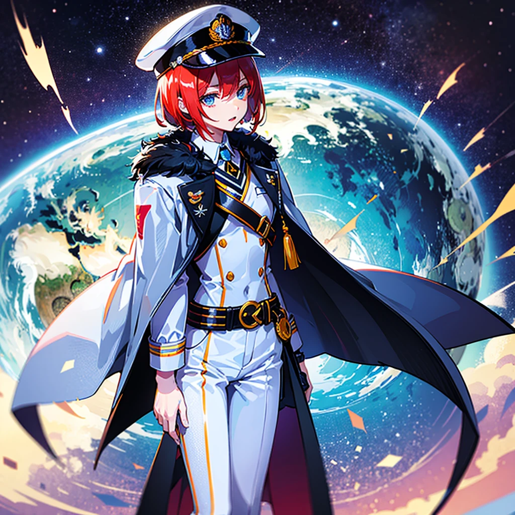 （（（​masterpiece）））、（（（Top image quality）））、（（（top-quality）））、（Illustration of one woman）、30-years old、（Viceroy）、（（Red-haired shorthair））、（Thin hair hanging down both sides of the face）、Blue eyes、（（Tall））、（（Muscle Woman、stocky build、muscular legs、broad shoulders、solid chest））、（（Military uniforms））、（（Military Cap））、（（Military coat））、（white  clothes）、（White pants）、（White cap）、trench coat、（（Inside the spaceship））、（The universe outside the window、Earth seen from space、Spaceport）