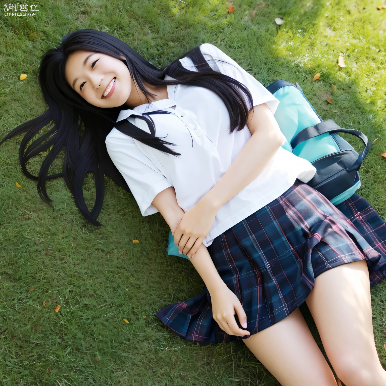 Lying down, smiling, Japanese, high school girl, miniskirt, thighs, long black hair, park,solo