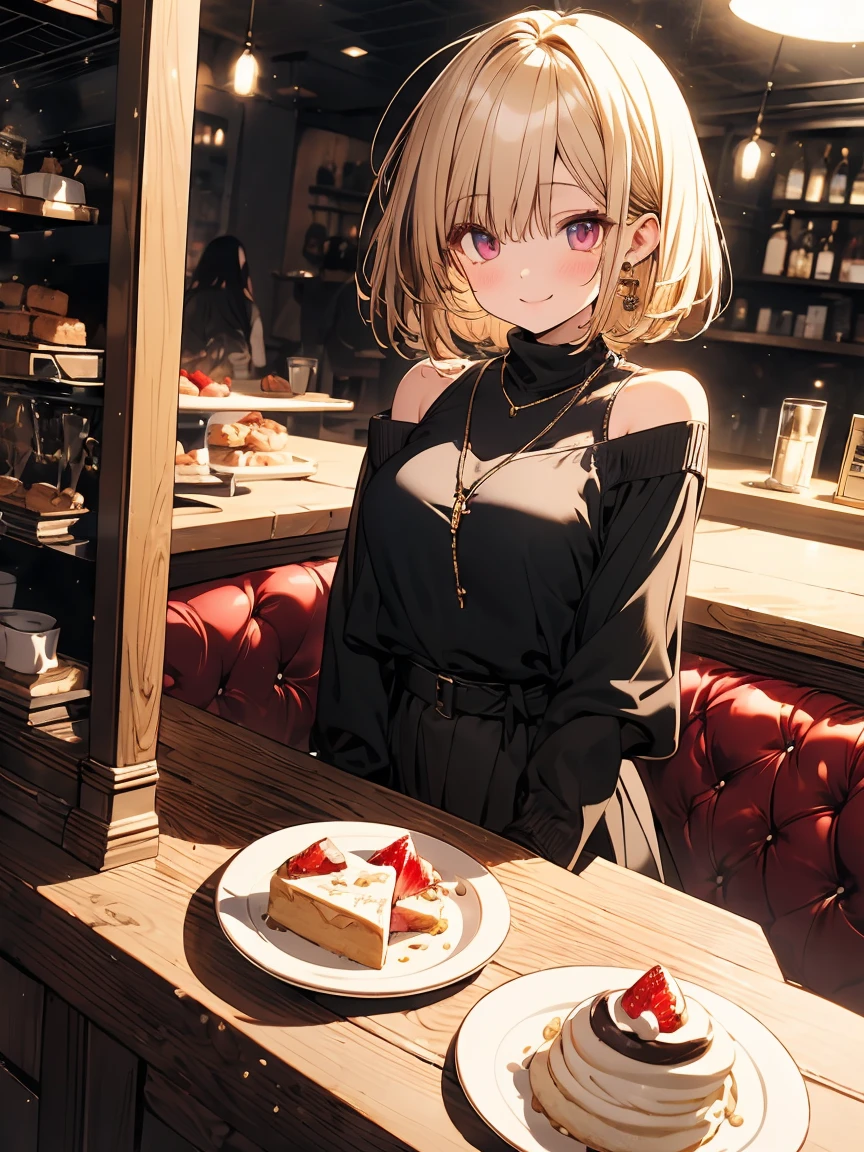 masterpiece, absurdres, best quality, ultra detailed, high Resolution, detailed illustration, extremely beautiful detailed face and eyes, bright colour, 1girl, (loli), cute face, Delicate beautiful face, magenta eyes, cute eyes, sparkling eyes, big eyes, medium breasts, (perky breasts:1.1), (pointy breasts:1.1), medium hips, glamorous body, white skin, smile, BREAK, long bob cut, (blonde hair:0.8), messy hair, detailed hair, shiny hair, BREAK off shoulder sweater, long skirt, tiny ribbon, restaurant, eating shortcake, real world, natural lights, perfect lighting,