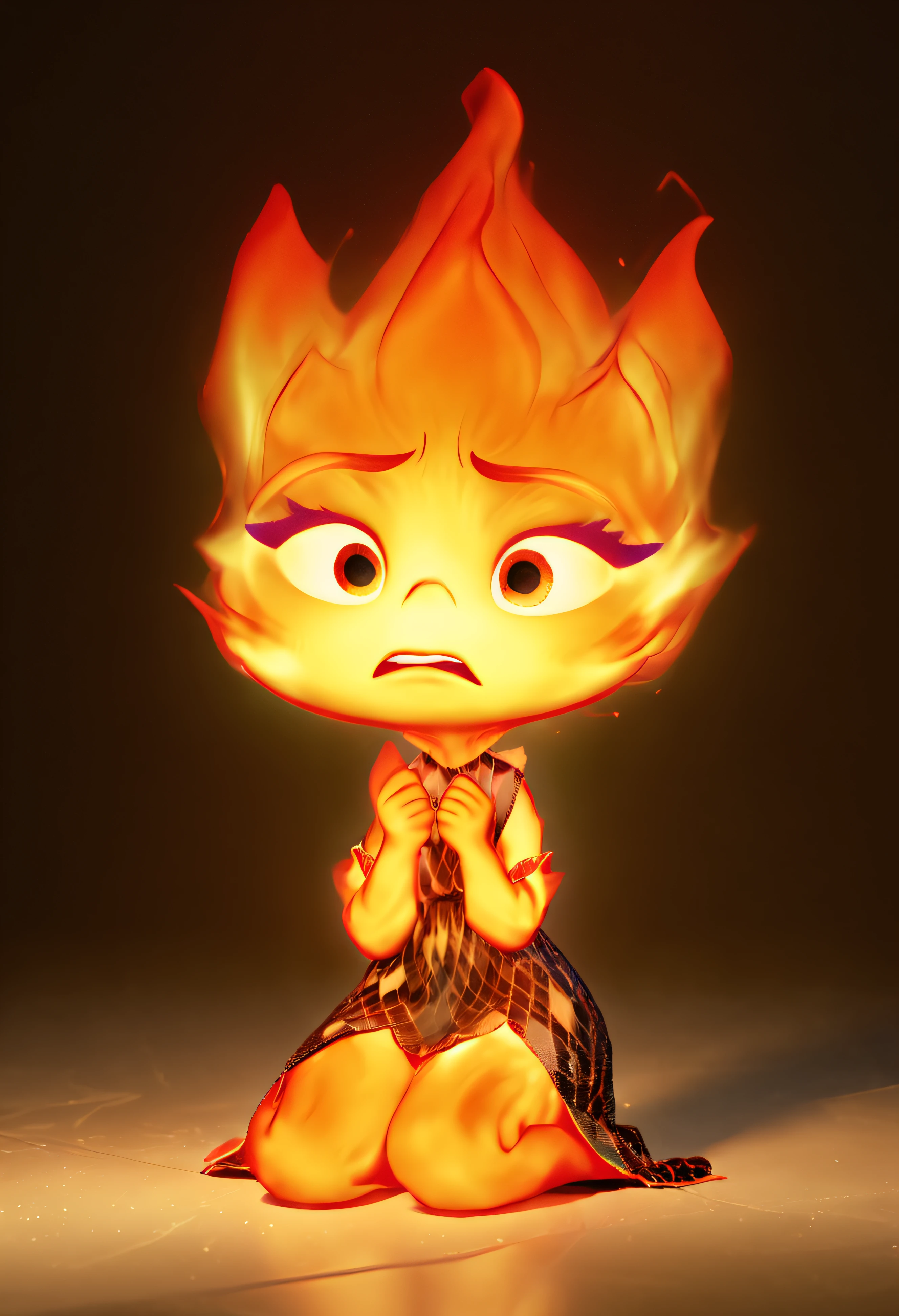concept art ember lumen, cute small ember, small ember sitting on floor,ember sitting on her ass, sitting with straight legs, crying, ((sad) ember lumen face), (sadnesire head ember), (with raised hands in front of her), view from the side, raised hands toward, holding a blank sheet in hands, camera view from the side of character, three quarters view, highly detailed 3d render, perfect vfx, vivid fire artstyle, black background